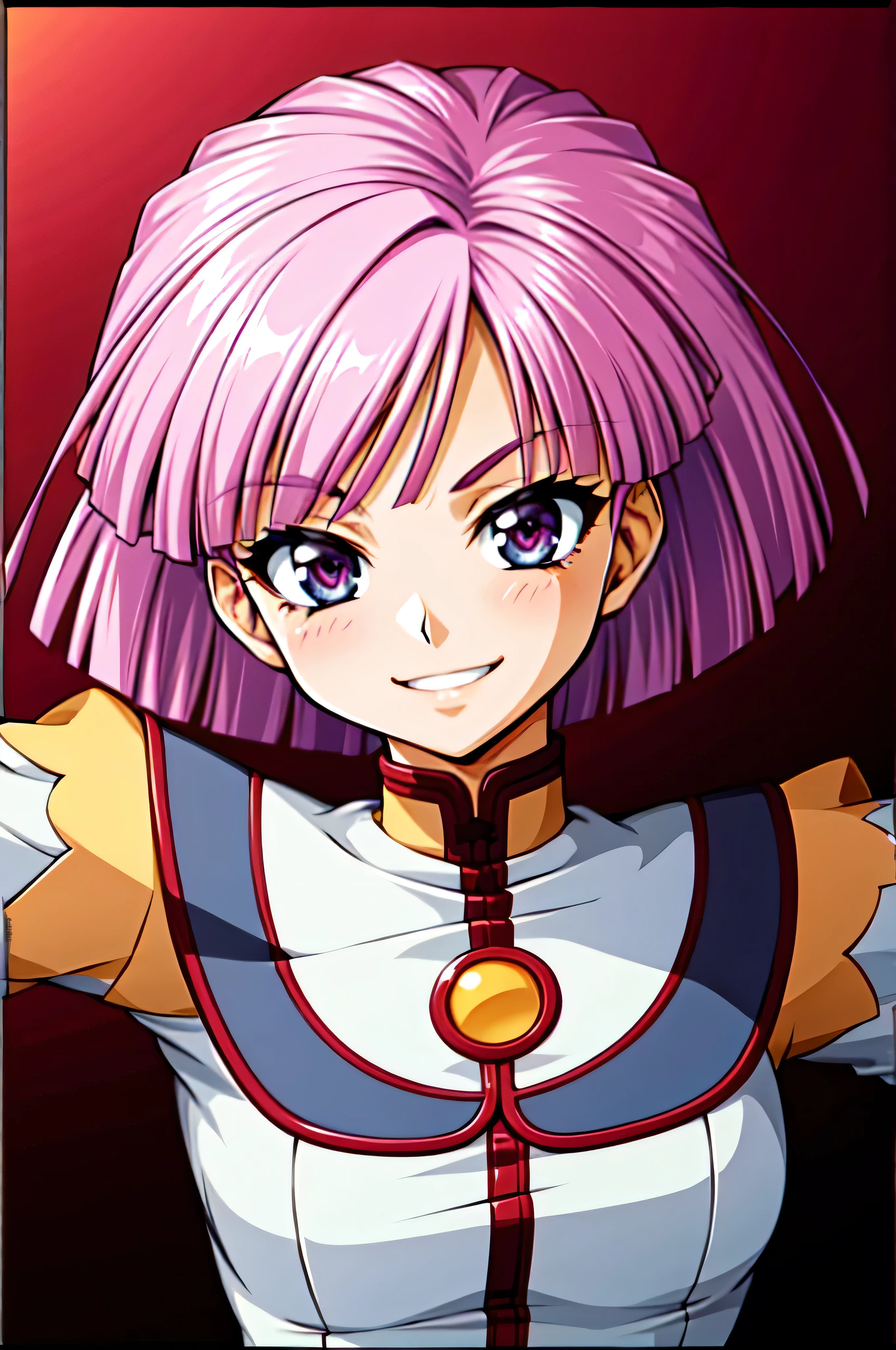 (best_quality 4K, 8K, High resolution, Masterpiece: 1.2), ultra detailed),from_below,(anime_screencap),(1girl,solo),dynamic_angle,very evil_smile,very evil laugh at,tis,shadeded_face,very sadistic,smile worst,,bob short hair,,black and pink background,looking at viewer,