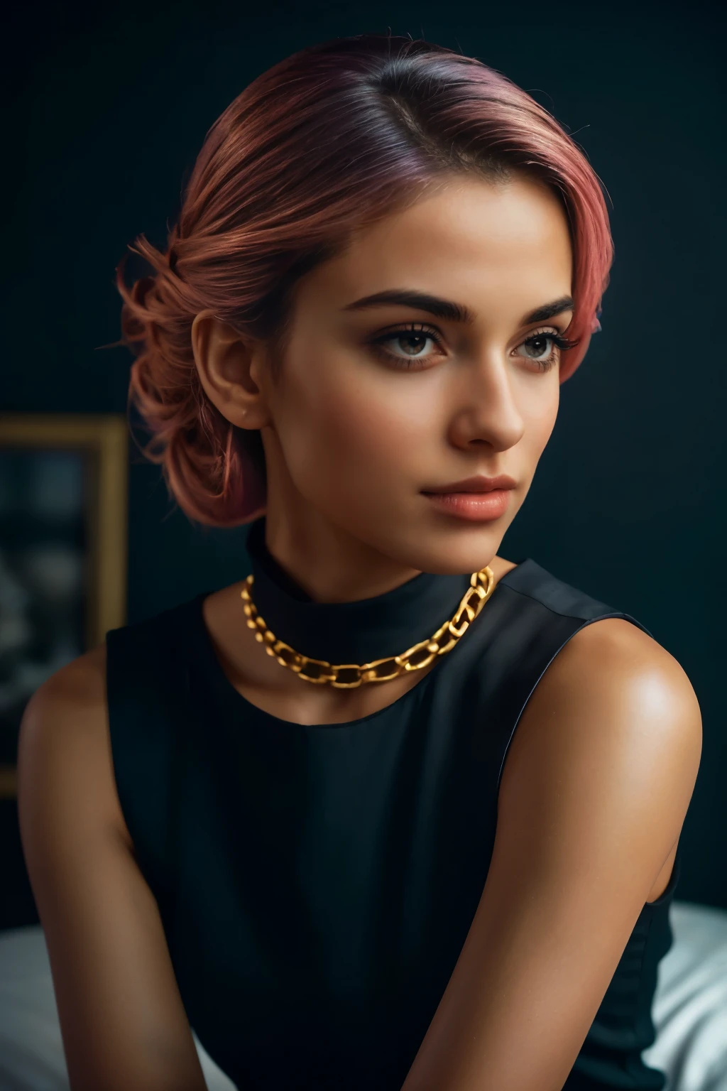 In this photograph, an Indian Instagram female model in her mid-20s takes center stage. , (highly detailed face:1.4) (smile:0.7) (backround top view of a bed , moody, private study:1.OV, by lee jeffries, nikon d850, film stock photograph ,4 kodak portra 400 ,camera f1.6 lens ,rich colors ,hyper realistic ,lifelike texture, dramatic lighting , cinestill 800, realistic, wearing violet pink and black combination dobby weave self design fit & flare dress Sweetheart neck Short, puff sleeve Tie-up detail on back Above knee length in flounce hem Attached Lining Chiffon fabric, actress, karla ortiz, posing!!, candid picture, by Max Dauthendey,Completing the aesthetic, the model wears a slave collar with a chain around her neck. The photograph is meticulously captured in 8K resolution using cutting-edge techniques such as Cinema 4D and Octane Render, resulting in a highly detailed and photorealistic image. Studio lighting, HDR, and a smoky mist create a captivating ambiance, while the bokeh effect adds an artistic touch.