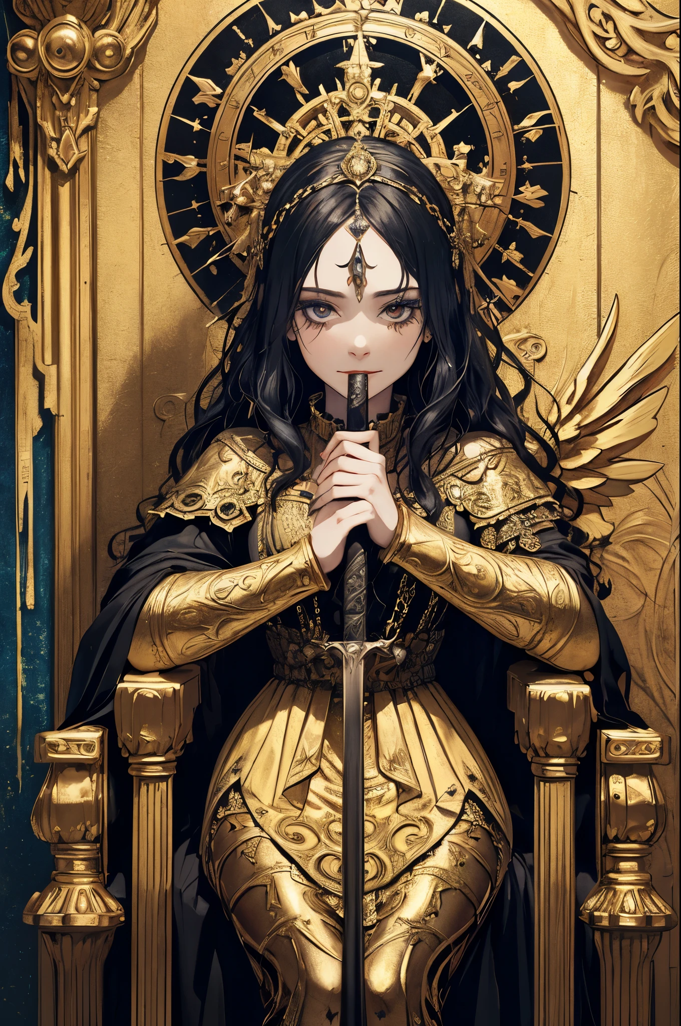 (Masterpiece, Best Quality), 8k Wallpaper, highly detailed, poster, Faust 1926, Germanic folklore, German expressionist, horror thriller cinematic movie poster, Portrait of goddess holding a sword on a throne,destroyed dress , gold, gustav klimt, broken skin, wings, chains, dark melted makeup, star, oracle