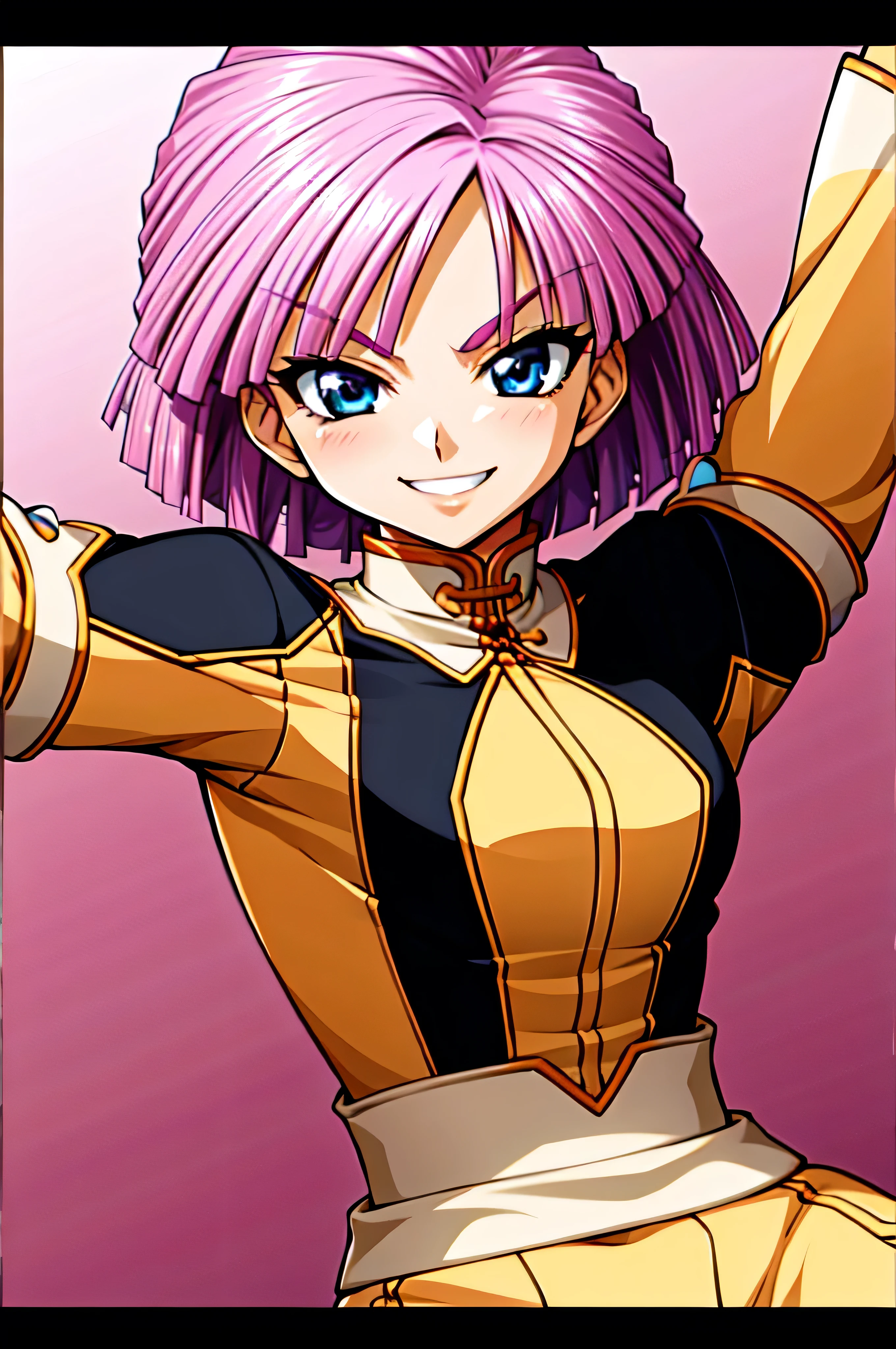 (best_quality 4K, 8K, High resolution, Masterpiece: 1.2), ultra detailed),from_below,(anime_screencap),(1girl,solo),dynamic_angle,very evil_smile,very evil laugh at,tis,shadeded_face,very sadistic,smile worst,,bob short hair,,black and pink background,looking at viewer,