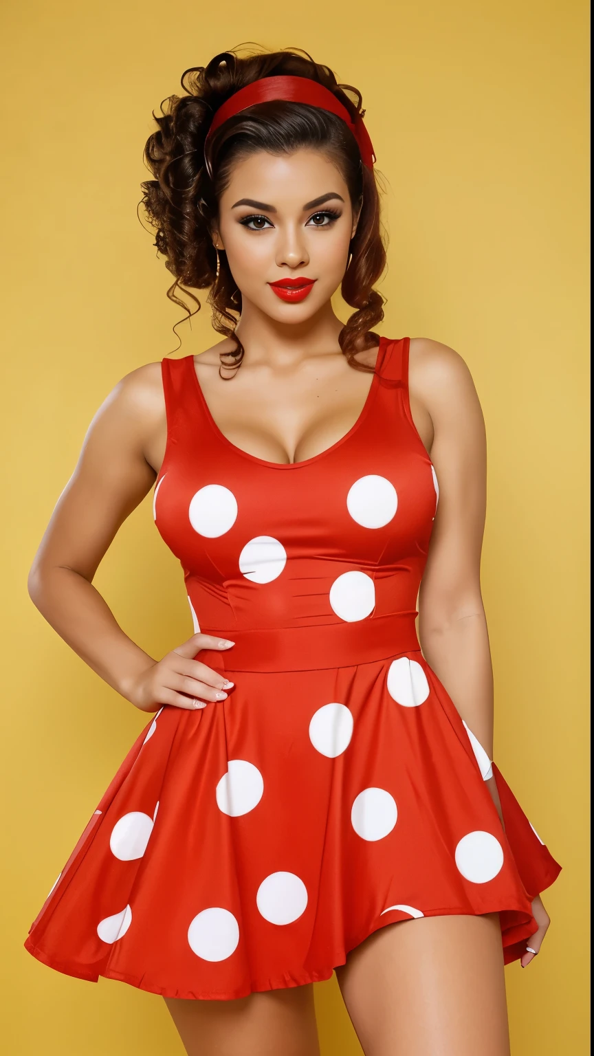 Full length photo of a girl, realistically depicting a dark tan beautiful tan, sexy Brazilian woman Bianca A. Santos Brazil and emotional. She has highlighted red curly hair, creating a mysterious and sexy image. Model dressed in pin-up style with curly hair styled "victory rolls" hair and curly bangs. Her plump red lips make her look sexy. She has average breast size. She portrays an American housewife, posing in various sexual positions. Against a white background, she appears in a red retro dress with large polka dots with a fluffy, voluminous ballerina skirt. She has a red bandana on her head, and on her feet there are red stockings. The photo is made in pin-up style, emphasizing the retro-USA vibe. blowing a kiss lips bow sexy lips kiss