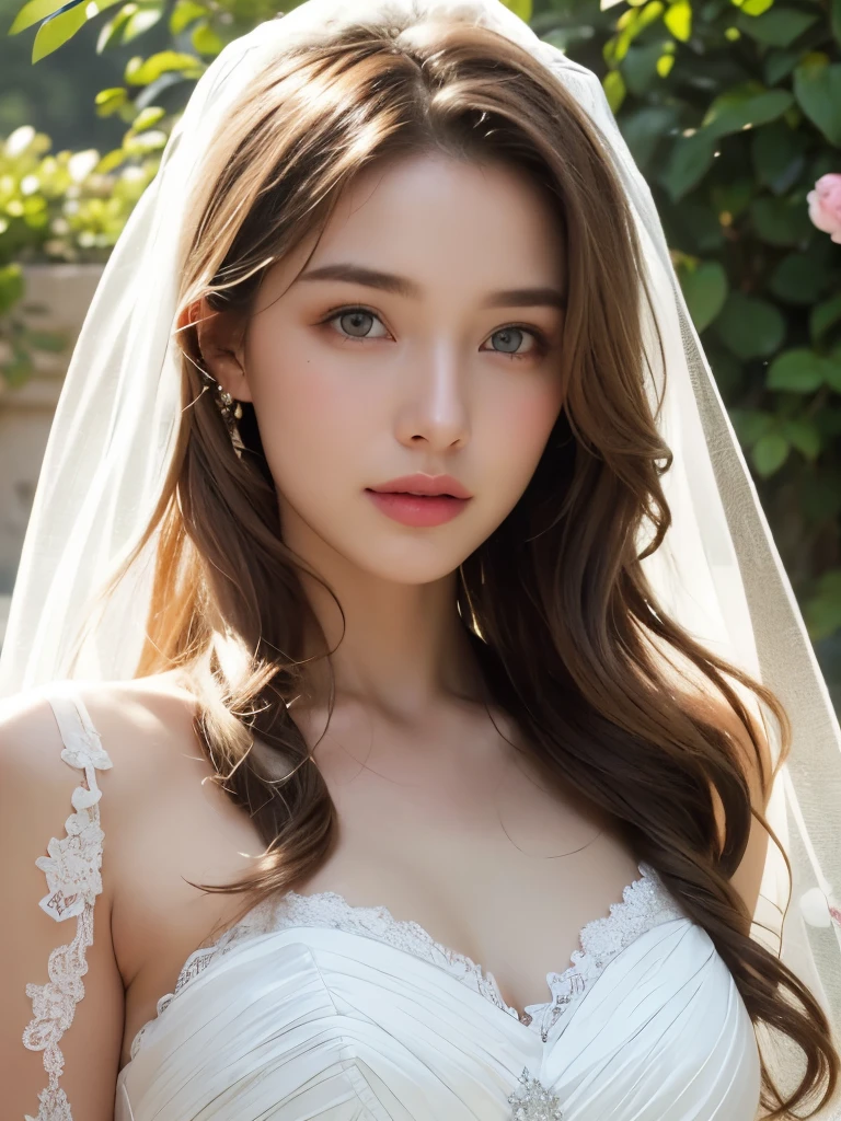 Golden Hair、Bridal Veil, Lace Trim Dresses, Wedding dress, Outdoor, White Rose, garden, morning, Are standing, Very detailed,、(((masterpiece)))、((highest quality))、((超Realistic))、Best image quality、Fine-grained image quality、beautiful、European, woman, Italian、jewelry, blue eyes, Realistic, Soft Light,Hip Up, Glowing Skin, (Detailed face),blonde, Wavy Hair,Perfect balance,