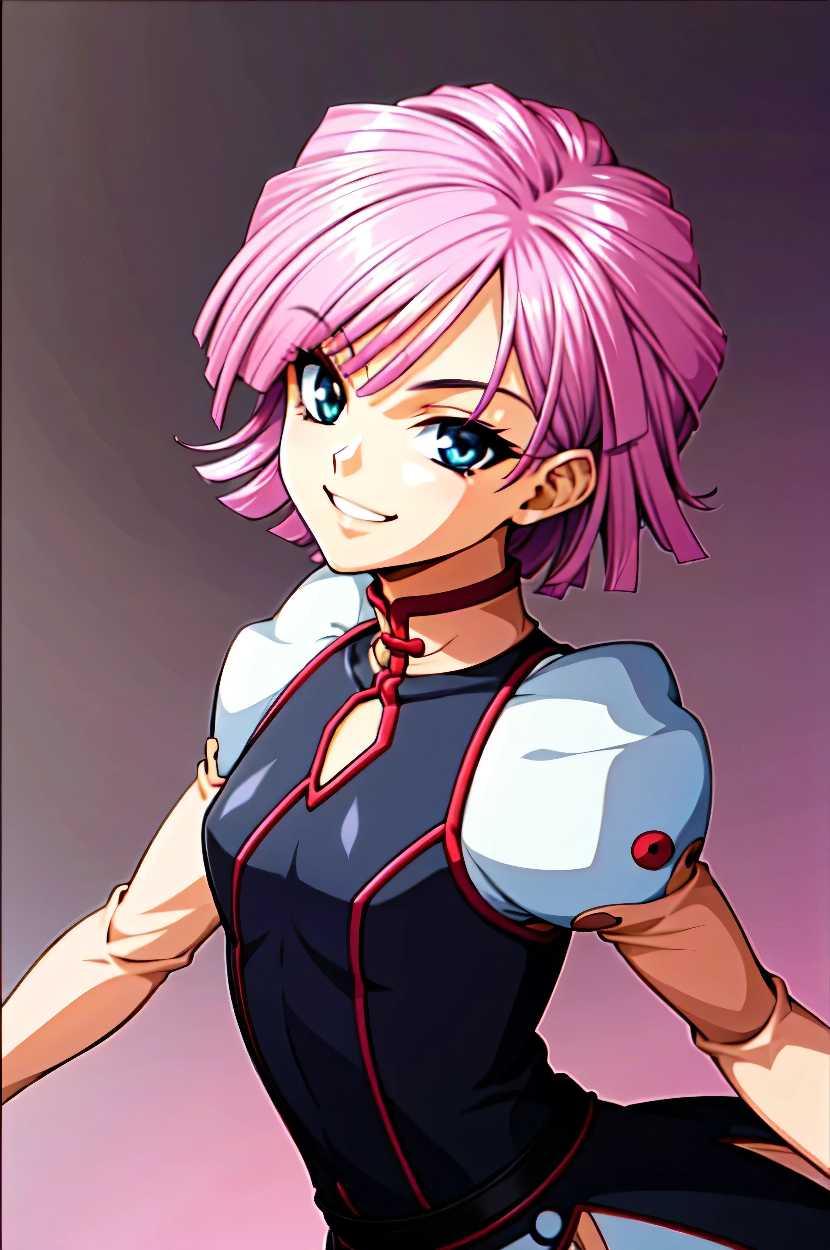 (best_quality 4K, 8K, High resolution, Masterpiece: 1.2), ultra detailed),from_below,(anime_screencap),(1girl,solo),dynamic_angle,very evil_smile,very evil laugh at,tis,shadeded_face,very sadistic,smile worst,,bob short  hair,,black and pink background,looking at viewer,