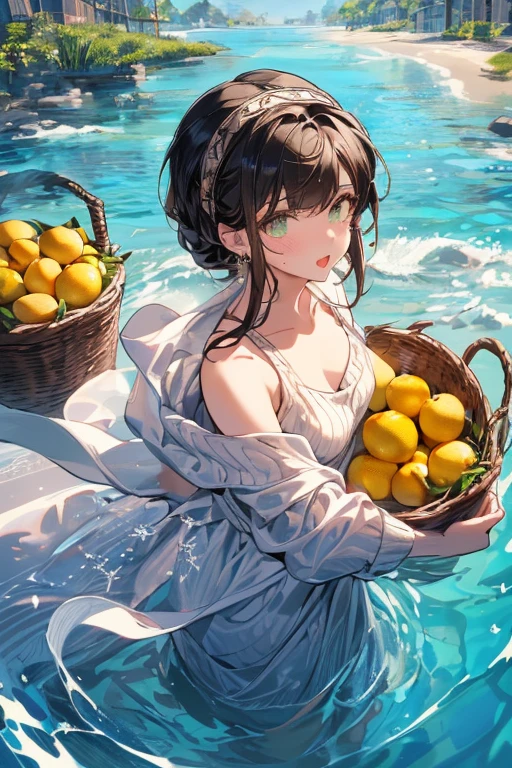 (small breasts:1.2), (perky chest:1.2), (pointed chest:1.2), (Pudding cake magazine cover:1.3),(from above:1.0),(from side:0.9),masterpiece, 1girl, Amazing Cleavage:1.1, thin waist, big ass, Raised sexy, posed cleavage:1.2,(perky chest:1.2), (pointed chest:1.2),(farmhouse entrance:1.0),(((brown Tunic:1.3))),(((lemons and stroberies in the basket),Cute and beautiful girl,Cute round face,Cute smile,Red Lip, looking at viewer, open mouth, have a cute glass of beergrass,black hair, dark green eyes, deep brown public party dress, bare shoulders,collarbone, sidelocks, hairband, earrings wih safia  jewelry, outdoors, darck coller off shoulder sweater dress, plant, short hair with long locks, gild hairband, off-shoulder dress, sweater dress, off-shoulder sweater, black sweater, dark gord hair, big side hair, very long side hair,is rendered in (masterpiece: 1.2, best quality), with (ultra high resolution) and an exquisite (depth of field). ,(Bangs are see-through bangs),hair pin,hair adornments,detailed clothes features,Detailed hair features,detailed facial features,(Dynamic angles),(Dynamic and sexy poses),clothes that emphasize big breasts,Cinematic Light,(masutepiece,top-quality,Ultra-high resolution) ,(The 8k quality,Anatomically accurate facial structure,),(Sea Art 2 Mode:1.3),(Image Mode Ultra HD,) 
