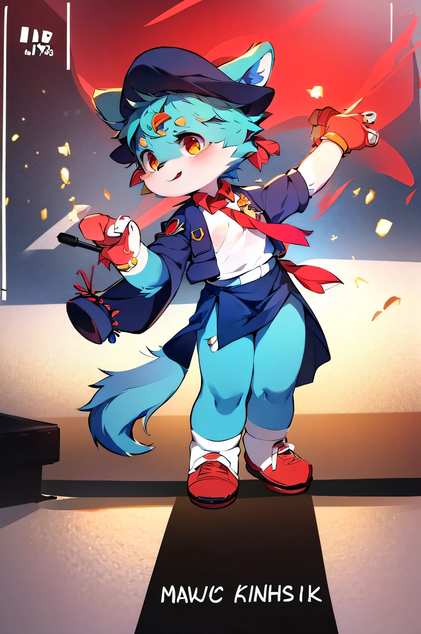 Blue fur, Canine, fox motif, girl, uniform,expensive,Age: 15,K-pop idol style,Dancing,Music programs,Street fashion,Stage Live,Group of 4,I have a microphone.,comics,Wearing a red collar,