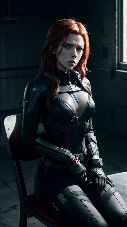 "Scarlett Johansson as Black Widow is seated in a dimly lit, stark interrogation room. She is bound to a metal chair with her hands tied behind her back. Despite her restrained position, her posture is defiant, and her gaze is sharp and unwavering, directed at an unseen interrogator. Her black tactical suit is slightly disheveled, and there are a few  cuts and bruises on her face, suggesting a recent struggle. The harsh overhead light casts dramatic shadows, highlighting her determined expression. The background features cold, bare concrete walls, a metal table with interrogation tools, and a single, small, barred window letting in a sliver of light, adding to the tense and gritty atmosphere."