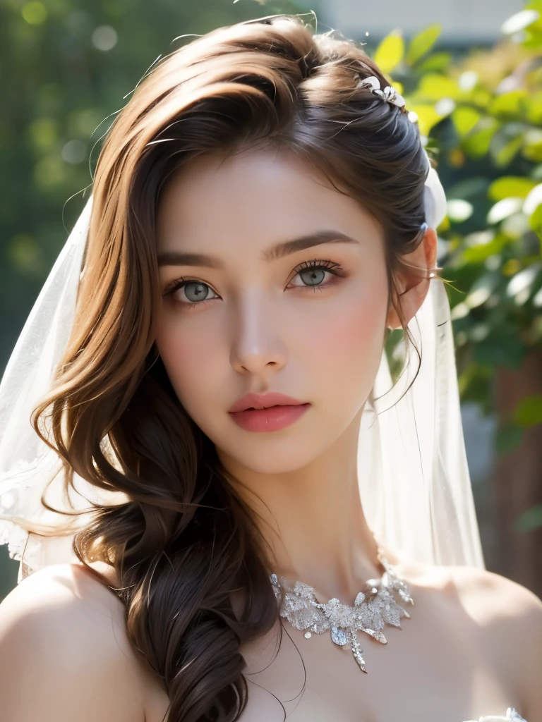 Bridal Veil, Lace Trim Dresses, Wedding dress, Outdoor, Very detailed,、(((masterpiece)))、((highest quality))、((超Realistic))、Best image quality、Fine-grained image quality、beautiful、European, woman, Italian、Bronze Hair、Golden Hair、jewelry, blue eyes, Realistic, Soft Light,Hip Up, Glowing Skin, (Detailed face),blonde, Wavy Hair,Perfect balance,