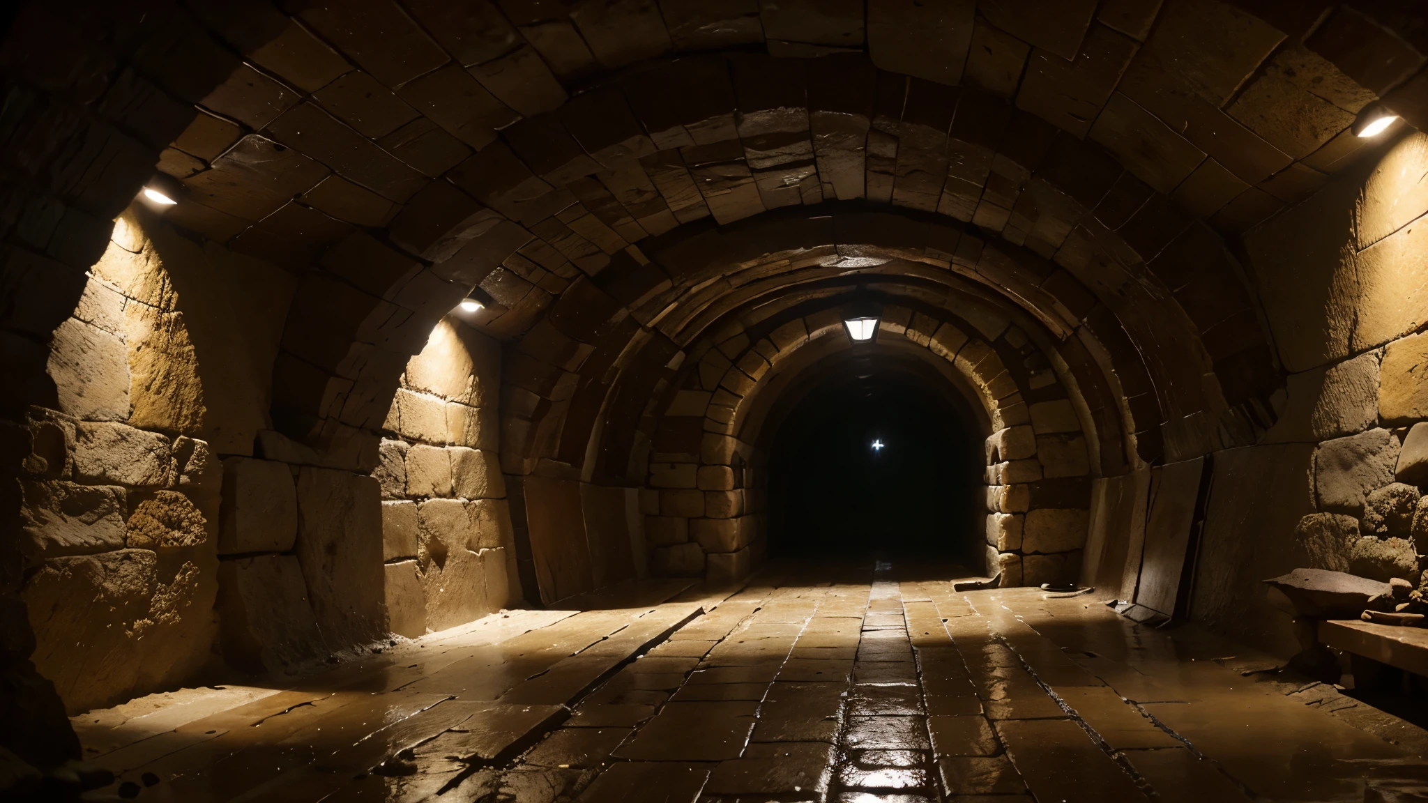 Generates a very high quality image of a small handmade tunnel, hecho de tierra, paredes de tierra y piso de tierra, wet, estrecho, en el suelo hay algunos papeles tirados, solo se ve una fuente de luz artificial, luz amarilla