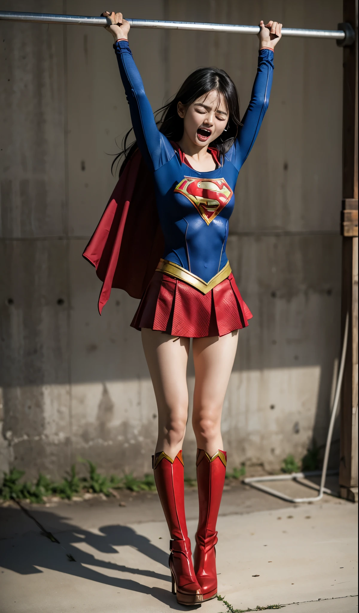 No background、close your eyes、Raise your arms、Yay!、Hanging、Are crying、Deceived、shout、Supergirl Costumeがボロボロに破壊されている、defeat、Are crying、I&#39;Is painful、Painful expression、Expressions of anguish、Tentacles、TentaclesにTied up、Tied up、Tentaclesに巻かれている、Tied up、Tightening、(((Beautiful legs in black tights.)))、(((Stretch your legs、expensive、Legally express the beauty of your smile)))、((((Make the most of your original images)))、(((Supergirl Costume)))、(((Beautiful short bob hair)))、(((suffering)))、(((Black tights legs、Wear red boots)))、((Best image quality、8k))、((highest quality、8k、masterpiece:1.3))、(((Preserve background )))、Sharp focus:1.2、Beautiful woman with perfect figure:1.4、Slim Abs:1.2、Wet body:1.5、Highly detailed face and skin texture、8k