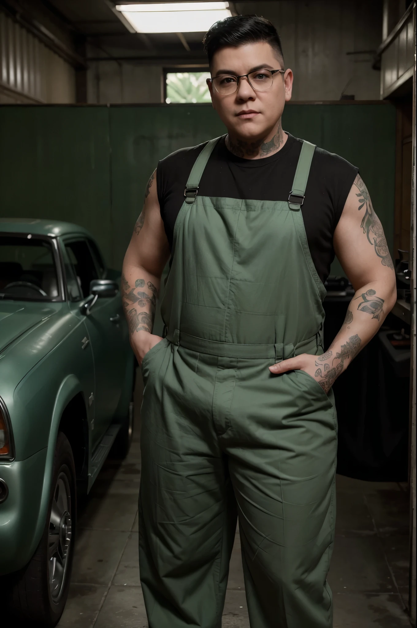 masculine lesbian, early 50s, Lea DeLaria, salt and pepper short short spike hair, handsome, manish, fat, large frame, butch dyke, tattoos, Gardner, full body, working on vehicle, muted green uniform, full length coveralls, luxury vehicle