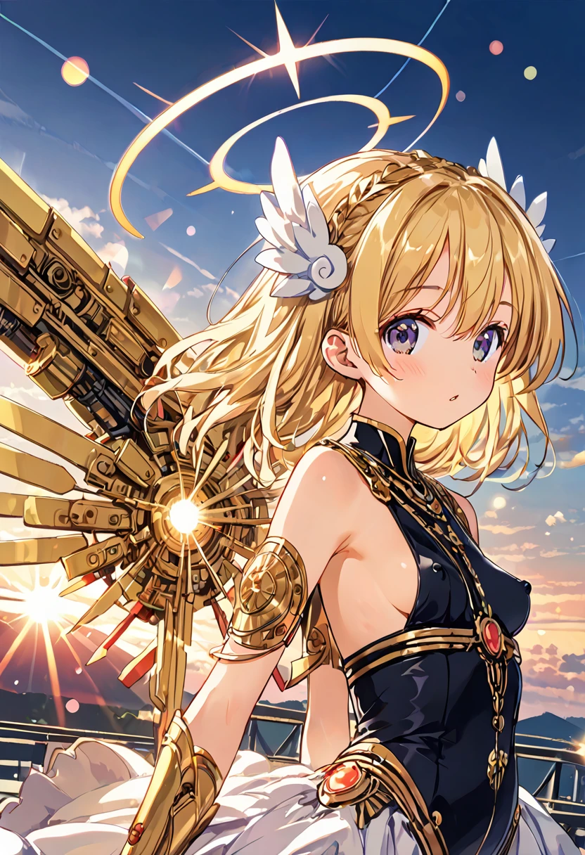 nsfw, nipple, masterpiece, 8k, Girl, Small breasts, 12yo, Angel,Lightの羽, Sky, Light, god々Shii, まぶShii, Blonde, Sideboob, shine, 逆Light, Flare, Bokeh, (Fantastic), Modern weapons