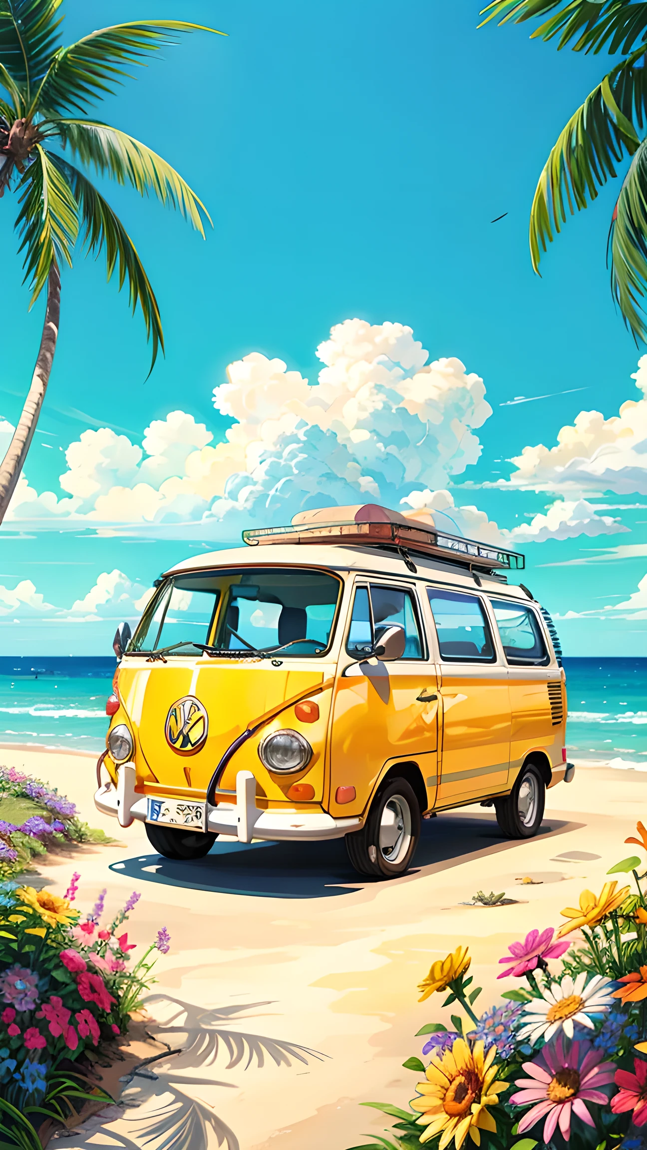 yellow van parked on a road near a beach with flowers, kombi, wallpaper!, official artwork, vehicle illustration, bulli, official art, blue sky, multicolored flowers, colorful, camping chair, vw microbus driving, hot summertime hippie, background artwork, vw bus on a street, microbus, fanart, hippie, commission for high res, background art, spring vibes, 🪔 🎨;🌞🌄, 4k professional painting, game, detailed key anime art, illustation, a beautiful artwork illustration, beautiful digital painting, highly detailed digital painting, beautiful digital artwork, detailed painting 4 k, very detailed digital painting, rich picturesque colors, gorgeous digital painting