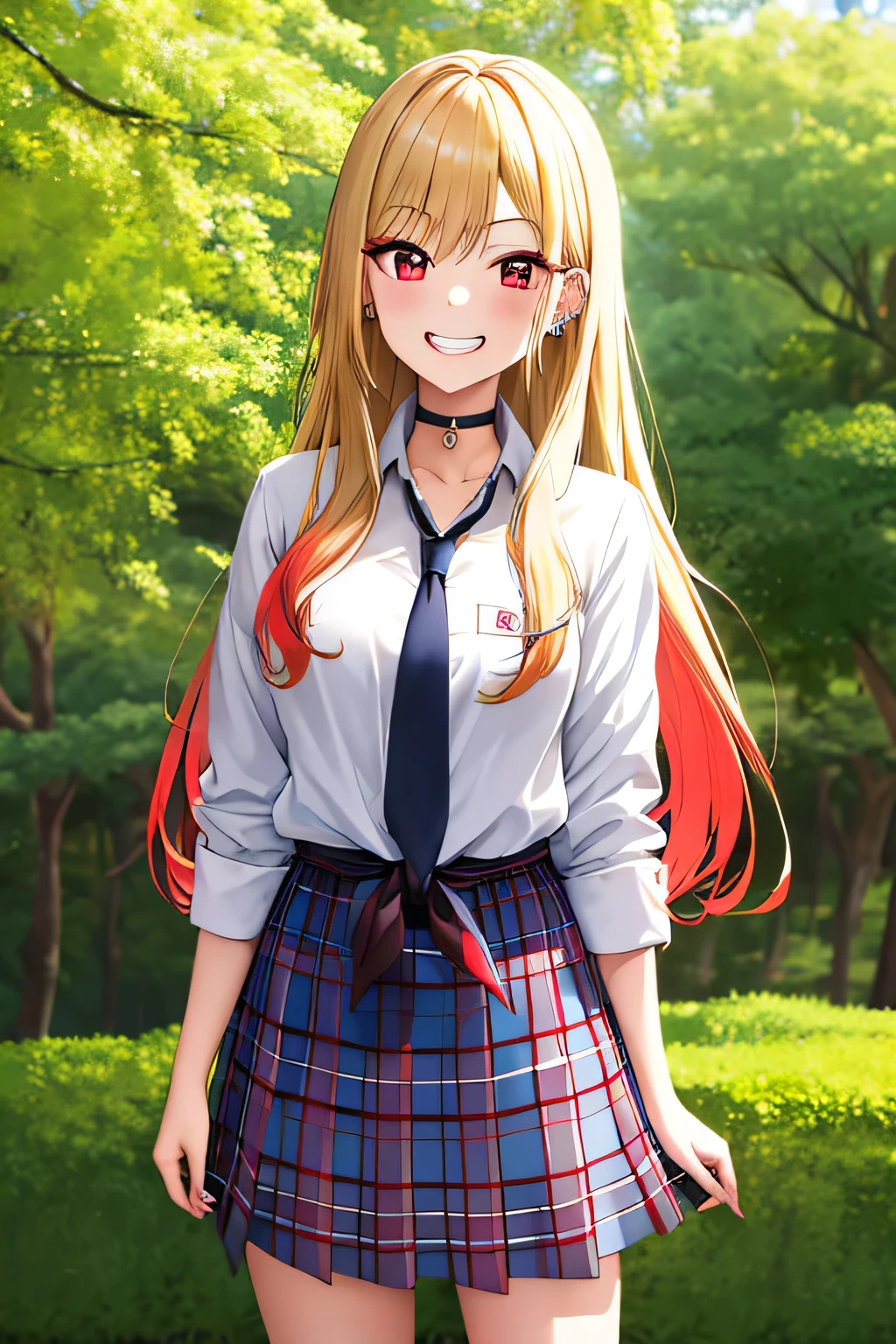 masterpiece, best quality, highres, kitagawa marin, 1girl, blonde hair, long hair, multicolored hair, red eyes, jewelry, earrings, piercing, , white shirt, tied shirt, black choker, blue necktie, plaid skirt, grin, smile, standing, cowboy shot, outdoors,