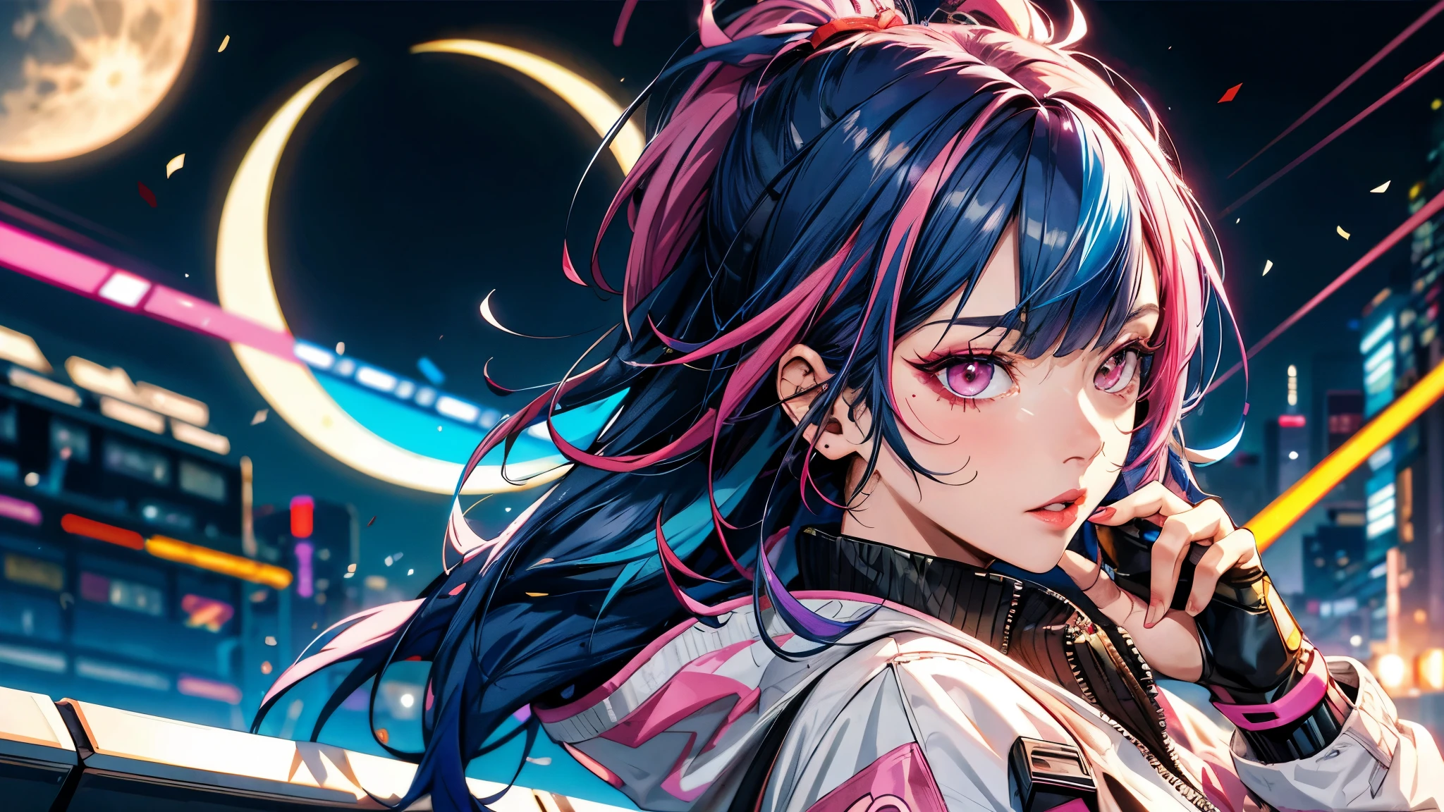 lucy \(cyberpunk\), 1girl, bangs, blue hair, colored tips, close up, from side, grey eyes, jacket, long sleeves, looking at viewer, medium hair, moon, multicolored hair, parted bangs, parted lips, pink hair, portrait, red eyeliner, red lips, solo, white jacket, cyberpunk \(series\), cyberpunk edgerunners ,