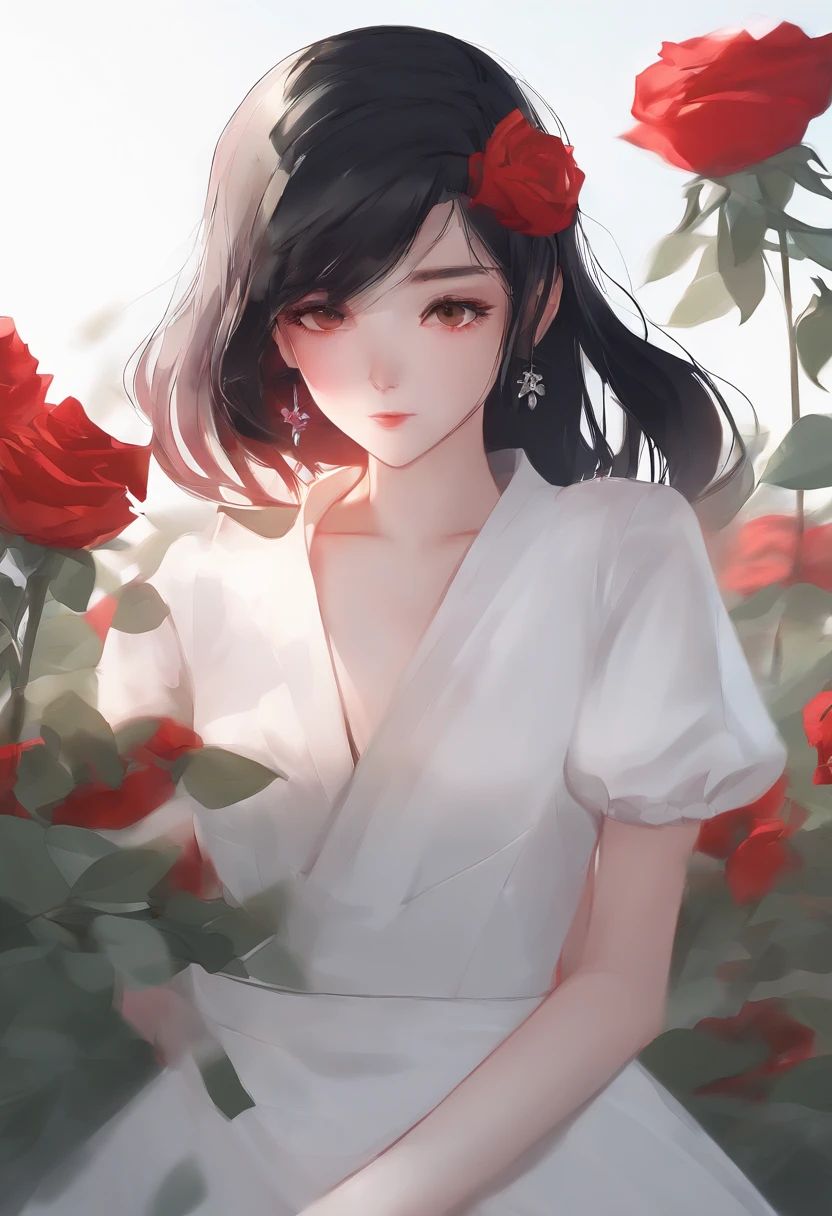Anime girl with long black hair and white dress with red roses, guweiz, guweiz on pixiv artstation, Detailed digital animation art, Beautiful anime girl, guweiz on artstation pixiv, Anime style 4K, guys, Beautiful anime portrait, Detailed portrait of anime girl, Beautiful anime woman, Detailed anime art