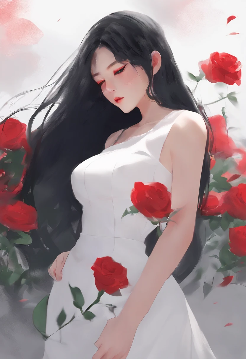 Anime girl with long black hair and white dress with red roses, guweiz, guweiz on pixiv artstation, Detailed digital animation art, Beautiful anime girl, guweiz on artstation pixiv, Anime style 4K, guys, Beautiful anime portrait, Detailed portrait of anime girl, Beautiful anime woman, Detailed anime art