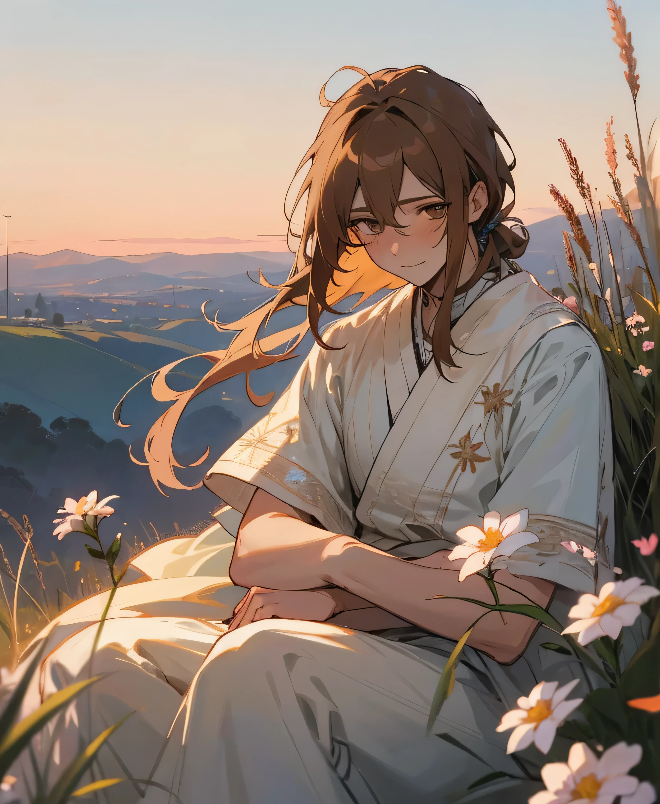 Anime male, detailed face, detailed eyes, beautiful eyes, brown eyes 1.5, light brown hair 1.3, pale skin, blushing, wearing flowercrown on head, wearing white ruffle shirt, flower embroidery, detailed, blue sky, sunset time 1.3, calming 1.4, high quality, smiling, resting in fields, flowers surrounding him, nostalgia, {{male}}, {{detailed}}, expressive and creative, {{medium length hair}}, {{volumous hair}}