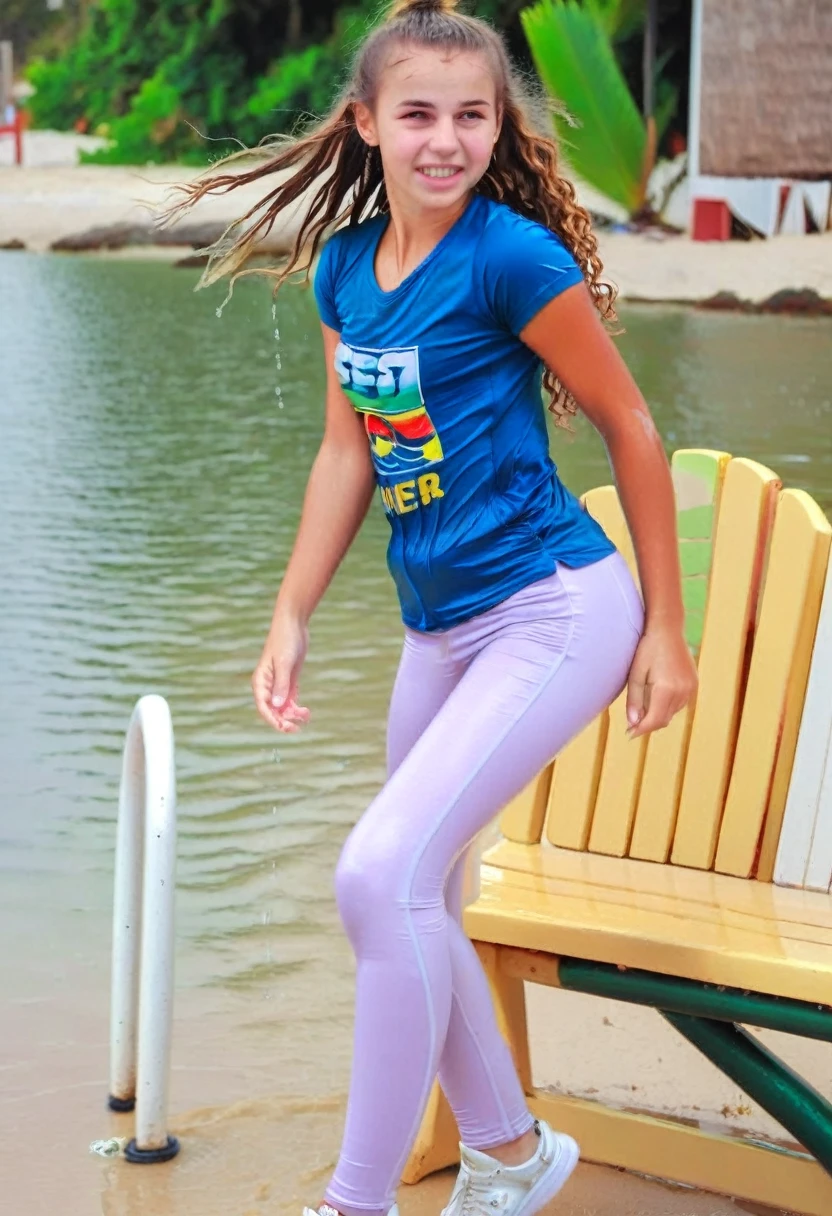 A soaked wet crying 18 years old brazillian girl, with wet curly hair and bangs ponytail, she is sitting on a bench on a paradise beach. She wears a cotton t-shirt and spandex leggings white sneakers, clearly not prepared for the water attractions. In the background, the backyard beach is full of visitors having fun, with waves and sand. The girl looks a little out of place, but is watching the movement around her, w3t, wetclothes, soakingwetclothes, ((cutest young face)), cuties ((full body)), full-length shot, slimwoman