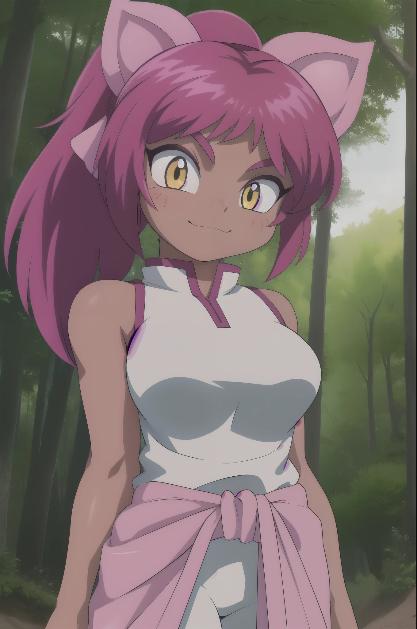 mariah, 1girl, long hair,  animal ears, bare shoulders, yellow eyes, ponytail, pink hair, sleeveless, pants, cat ears, dark skin, dark-skinned female, bare arms, chinese clothes, slit pupils
smile,closed mouth,cowboy shot,
forest,outdoor,
(insanely detailed, beautiful detailed face, masterpiece, best quality) cinematic lighting,