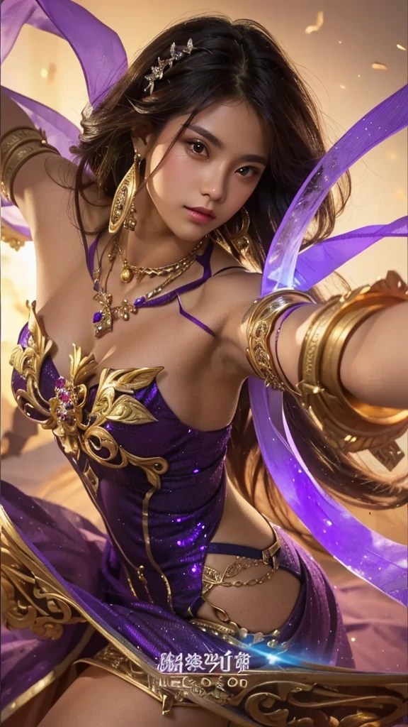 a woman in a purple dress holding a sword and a purple ring, eyes looking at camera, tanned skin