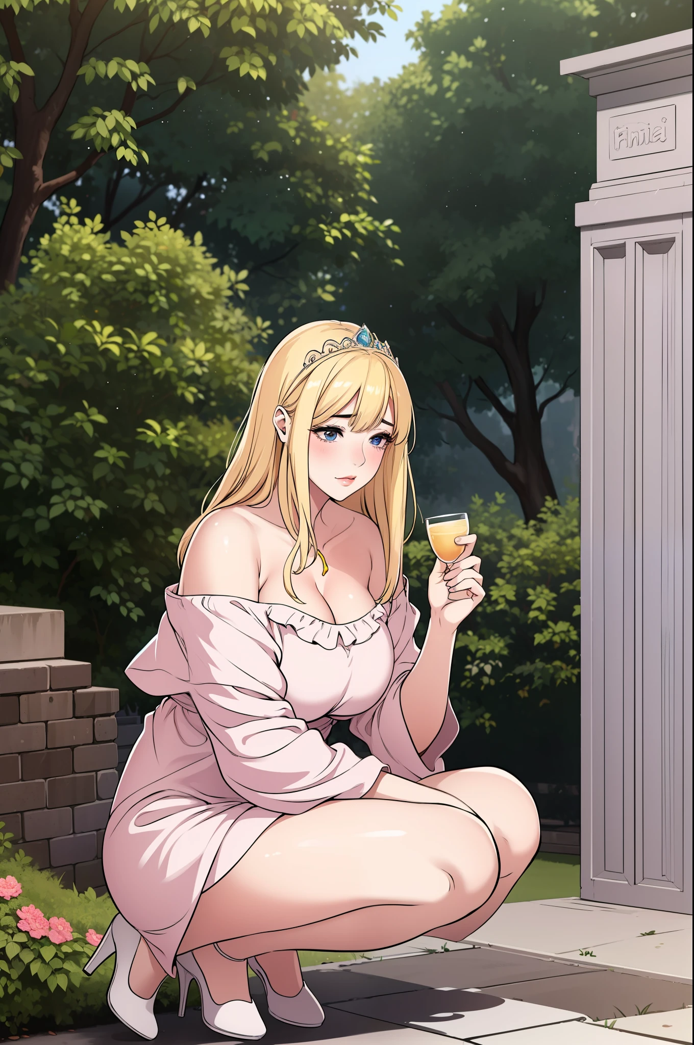 a cute beautiful busty woman,  21, with blonde hair, blue eyes, pink blush cheeks, a fair shiny complexion, and plain expression, wearing a long loose floral dress, yellow heels, an off-shoulder white cardigan, hands joined together, a tiara on her head, green pendant on neck, garden in the background.
