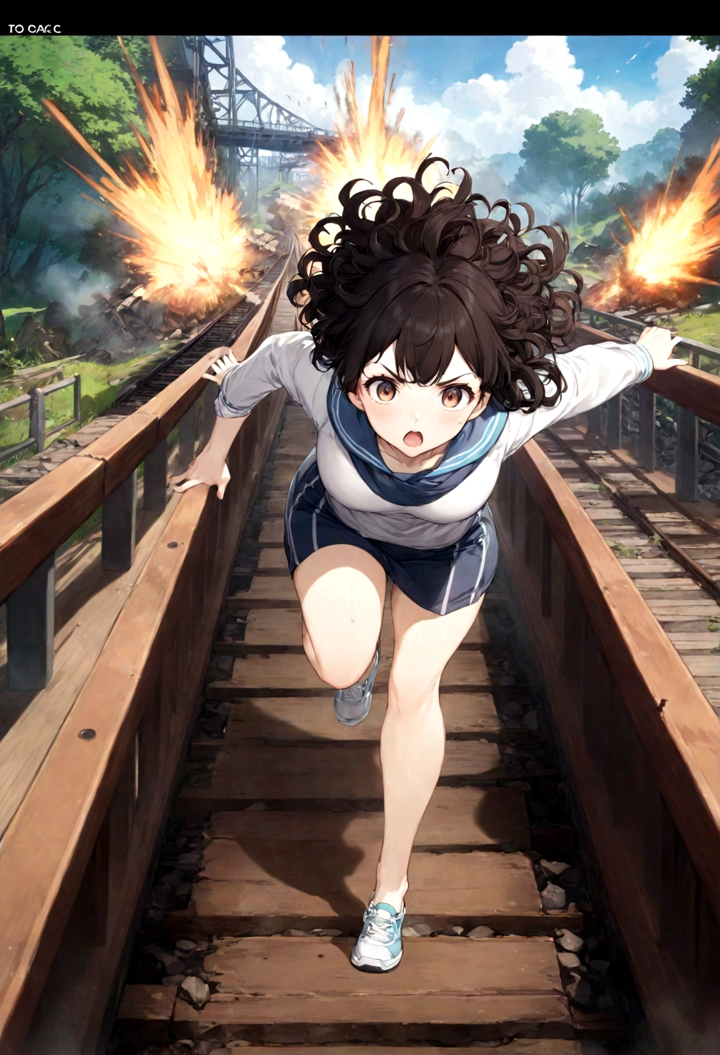 (maximum quality, 8K Wallpaper)),(Artwork, best quality),extremely detailed,High definition,(official art:1.3),(((anime screenshot,black outline))),(hands perfect), (perfect fingers), 1 Brazilian girl, (Alone:1.7), BREAK (parted bangs:1.6), ETO-OC, ETO_OCC, (curly hair:1.3), (long hair), black hair, bushy eyebrows, pale skin, curvy, (fat), (hazel eyes:1.3), mature woman, BREAK running awayBridge, running away on bridge, bridge, bridge breaking, crack, wreckage, destruction, running away, motion lines, motion blur, lines speed, running, handrail, train tracks, (train:1.7), open mouth, Surprised, Drop of sweat, sweating, explosion, Spark, R1GE,