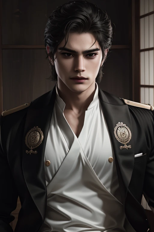 Hombre, con el pelo rubio, ojos amarillos, peinado-al costado, Elegante, japanese bad boy, ultra detallado,hiper detalles,cinematic light, solo,pararse,de cerca,Frente,looking at viewer from Frente,Hombrehwa-style,uniforme negros ruso.