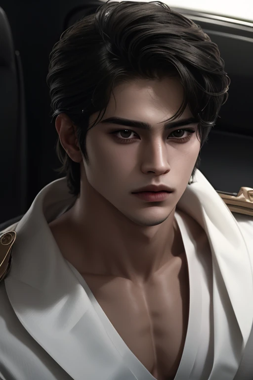 Hombre, con el pelo rubio, ojos amarillos, peinado-al costado, Elegante, japanese bad boy, ultra detallado,hiper detalles,cinematic light, solo,pararse,de cerca,Frente,looking at viewer from Frente,Hombrehwa-style,uniforme negros ruso.