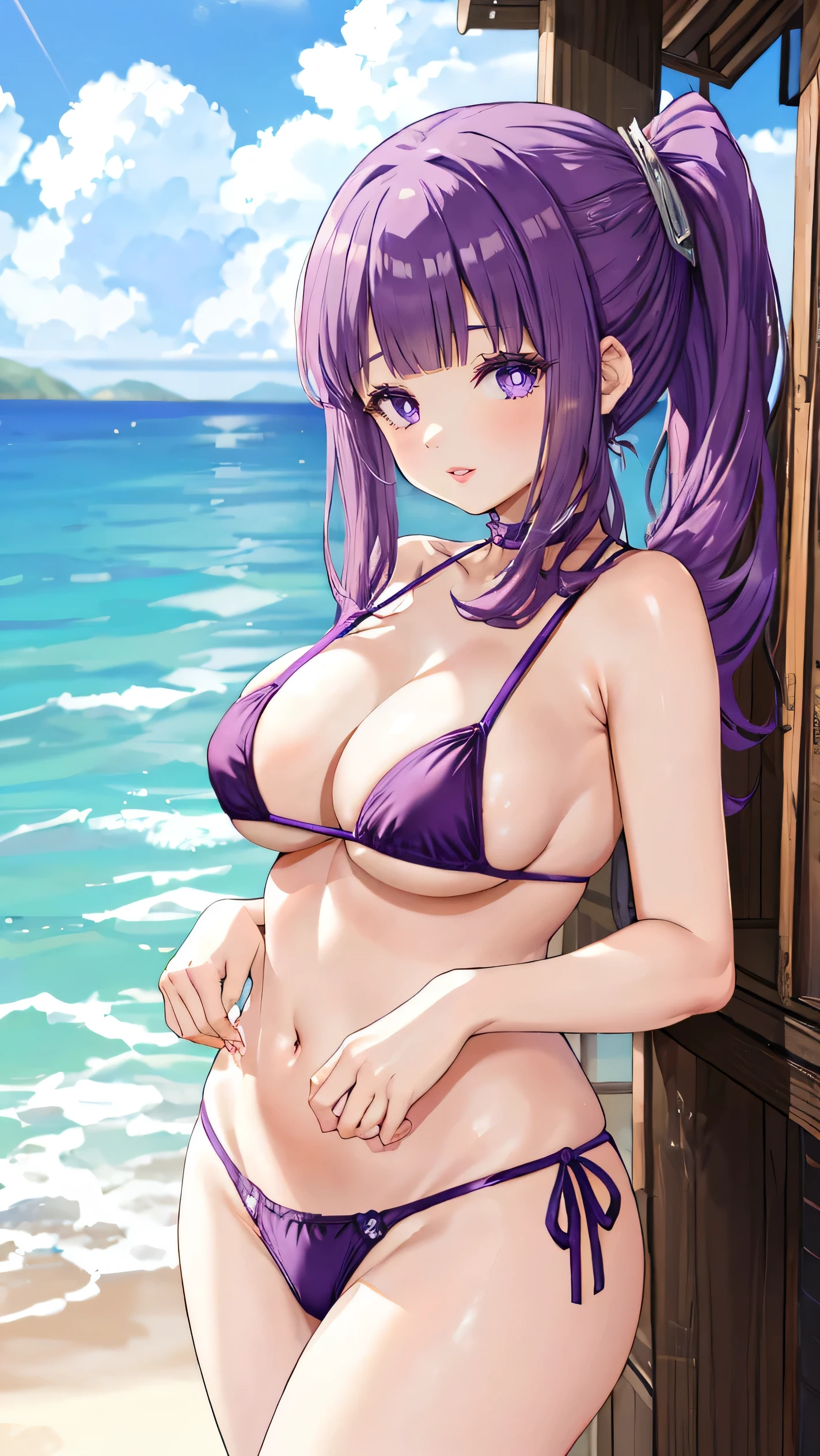 Bad, Purple Hair, side ponytail, blush, smile, Captivating thighs, (Best Quality, 8K, masutepiece :1.3),((beautiful boob, large breasts, protruding areola,,)),Highly detailed, Purple micro bikini, Purple thong, Midsummer beach, Blue Sea