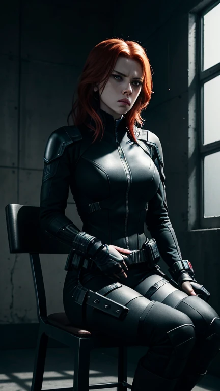 "Scarlett Johansson as Black Widow is seated in a dimly lit, cold interrogation room. She is bound to a sturdy metal chair with her wrists tied tightly behind her back and her ankles secured to the chair legs. Despite her restraints, her posture remains strong and defiant, and her piercing gaze is fixed on her unseen interrogator. Her black tactical suit is slightly torn and disheveled, with a few cuts and bruises on her face and arms, hinting at a recent fight. The harsh, single overhead light casts dramatic shadows across her determined expression, emphasizing her resilience. The background features grim, bare concrete walls, a metal table with various interrogation tools, and a small, barred window allowing a narrow beam of light to pierce the darkness, creating an intense and gritty atmosphere."