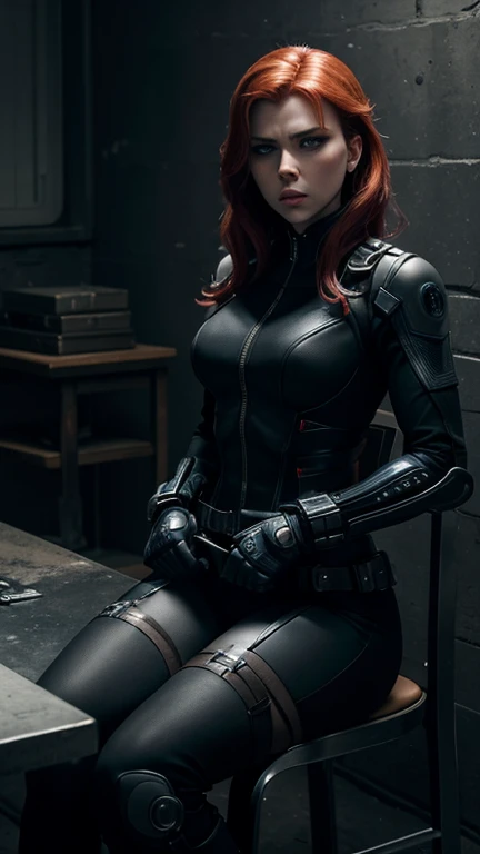 "Scarlett Johansson as Black Widow is seated in a dimly lit, cold interrogation room. She is bound to a sturdy metal chair with her wrists tied tightly behind her back and her ankles secured to the chair legs. Despite her restraints, her posture remains strong and defiant, and her piercing gaze is fixed on her unseen interrogator. Her black tactical suit is slightly torn and disheveled, with a few cuts and bruises on her face and arms, hinting at a recent fight. The harsh, single overhead light casts dramatic shadows across her determined expression, emphasizing her resilience. The background features grim, bare concrete walls, a metal table with various interrogation tools, and a small, barred window allowing a narrow beam of light to pierce the darkness, creating an intense and gritty atmosphere."