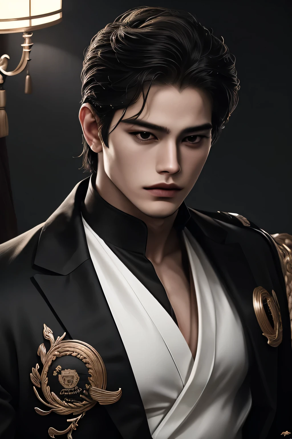 Hombre, con el pelo rubio, ojos amarillos, peinado-al costado, Elegante, japanese bad boy, ultra detallado,hiper detalles,cinematic light, solo,pararse,de cerca,Frente,looking at viewer from Frente,Hombrehwa-style,uniforme negros ruso.