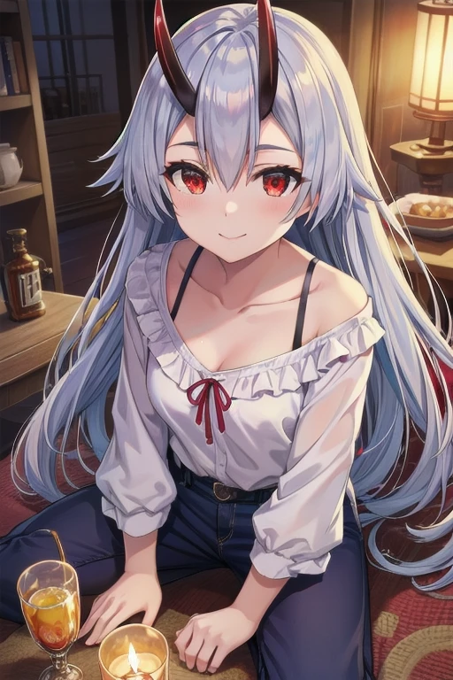 A masterpiece portrait of Tomoe Gozen, a beautiful oni girl with red eyes, cute smile, silver hair falling between her eyes, long hair, oni horns, wearing a blouse that reveals a small cleavage and pants, sitting in a Torino style, best quality, 8k, photorealistic, vivid colors, dramatic lighting, intricate details