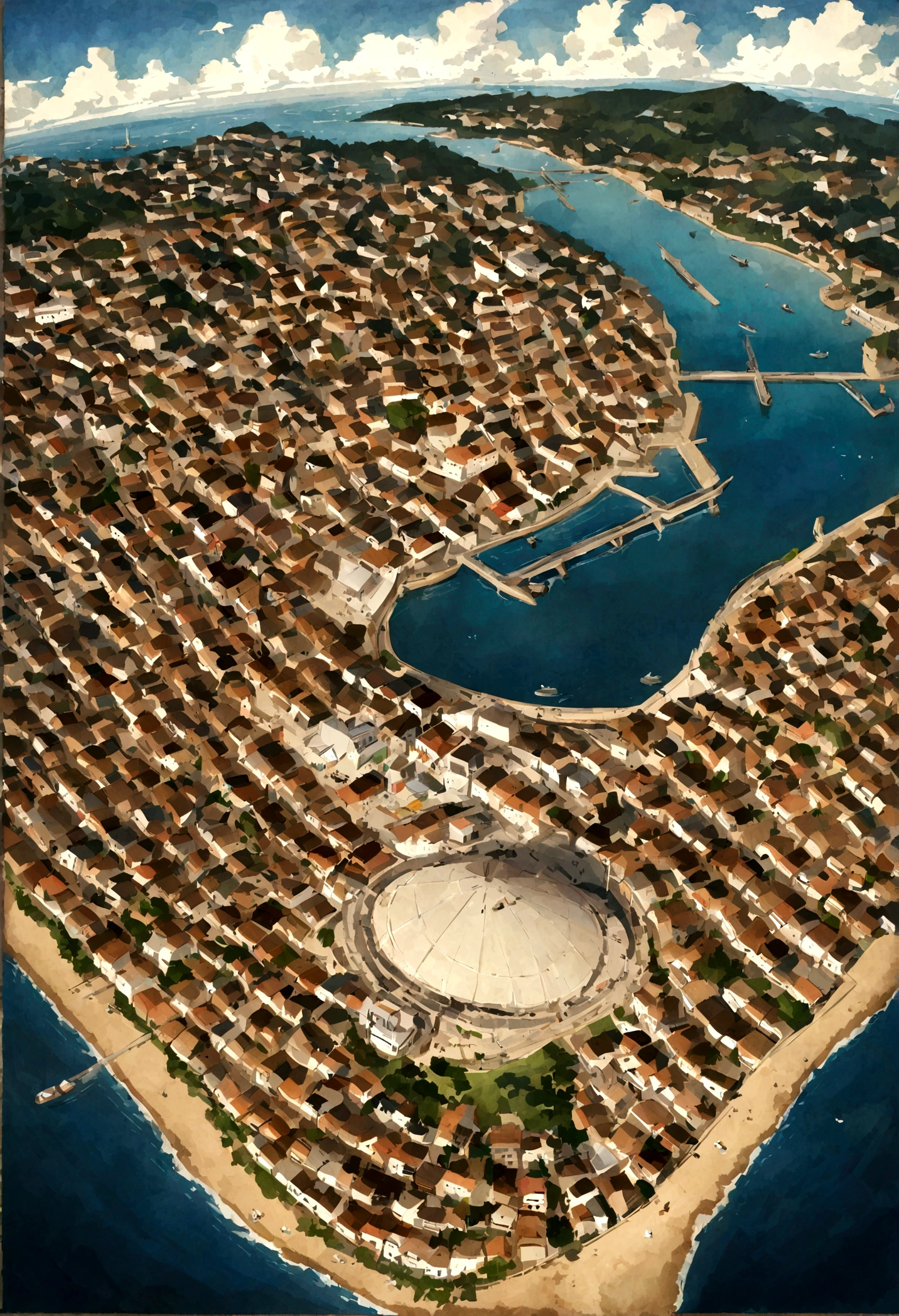 Costa uruguaya del rio uruguay, Puente fluvial, A bird&#39;s eye view of the city. A modern port in a small bay.