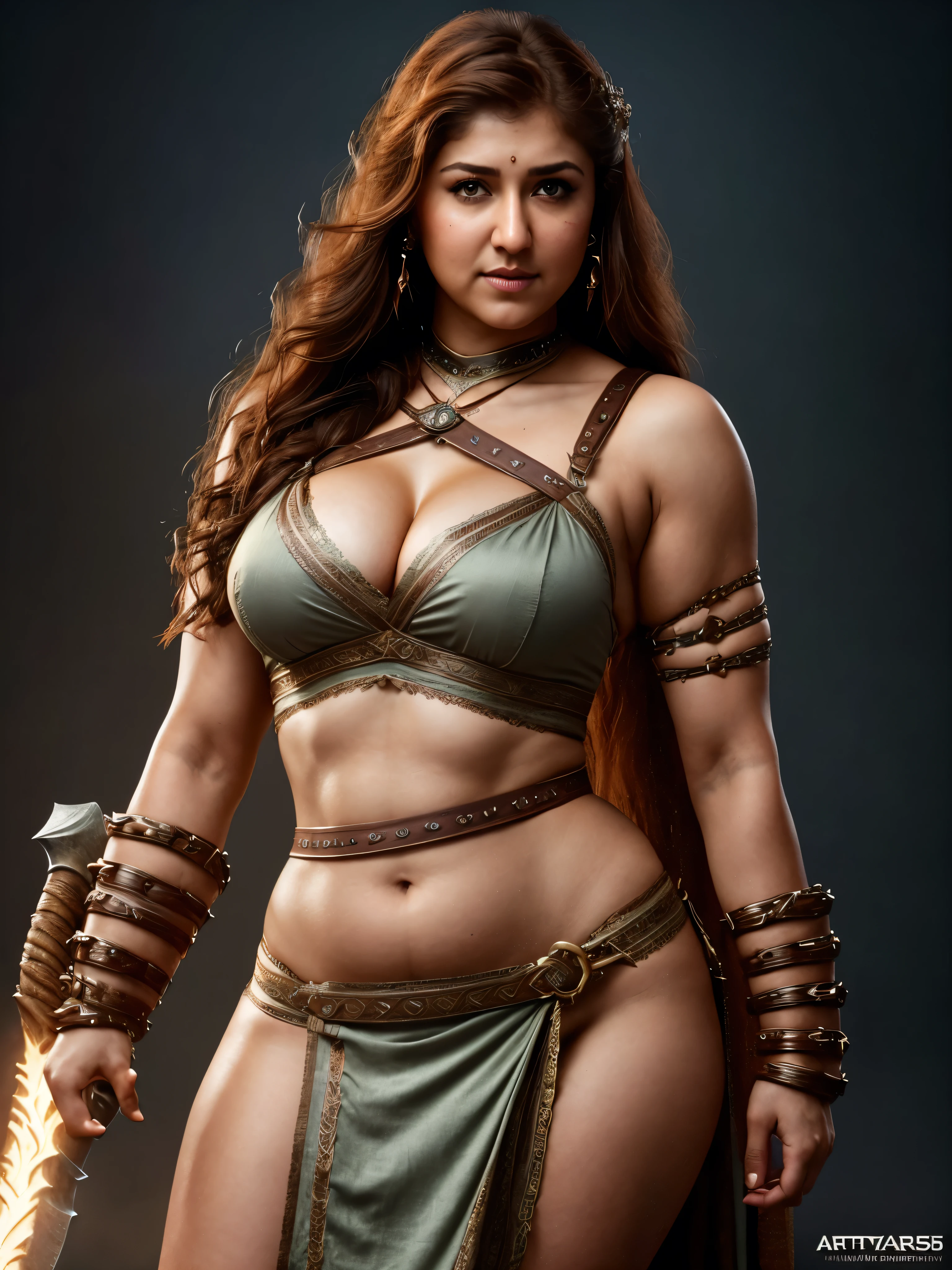 Looks like Nayanthara, curvy, female barbarian fantasy!!! dressed in vyshyvanka!!!! character concept art, sharp focus, octane render! unreal engine 5! highly rendered!! trending on artstation!! detailed linework!! illustration by artgerm, wlop, and chie yoshii, showing stubble armpits,