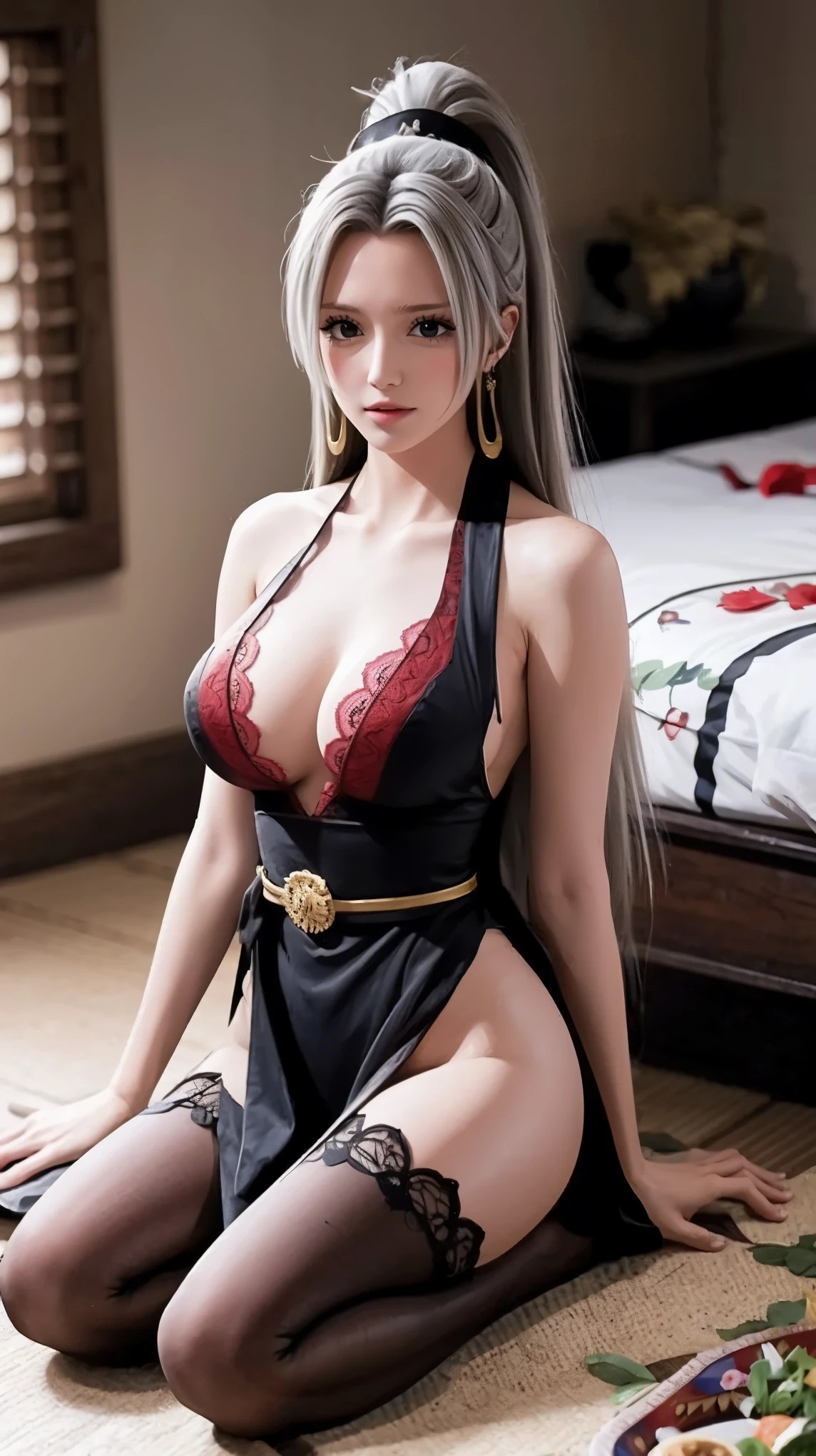 （（（1 girl）），Light線追蹤，（昏暗昏暗的灯Light），[Detailed background（bedroom）），（（Silver Hair）），（（Silver Hair）），（（（（（蓬松的Silver Hair，Busty girl））Wearing a high ponytail）））避免在不祥的bedroom中使用金色眼睛（（（（Girl wearing delicate embroidered black high waist pants with pantyhose）And white lotus leaf bow gloves），Show off your slim figure and beautiful curves，correct limbs，Sitting on the bed，((masterpiece, best quality)), Delicate face, Character Design Sheet，Whole body love, Rich in details, Multiple poses and expressions, Very detailed, depth, Many parts，beautiful girl，Light，发Light，Red and Gold，Phoenix decoration，gauze，Lace，Lace连裤袜，High heel