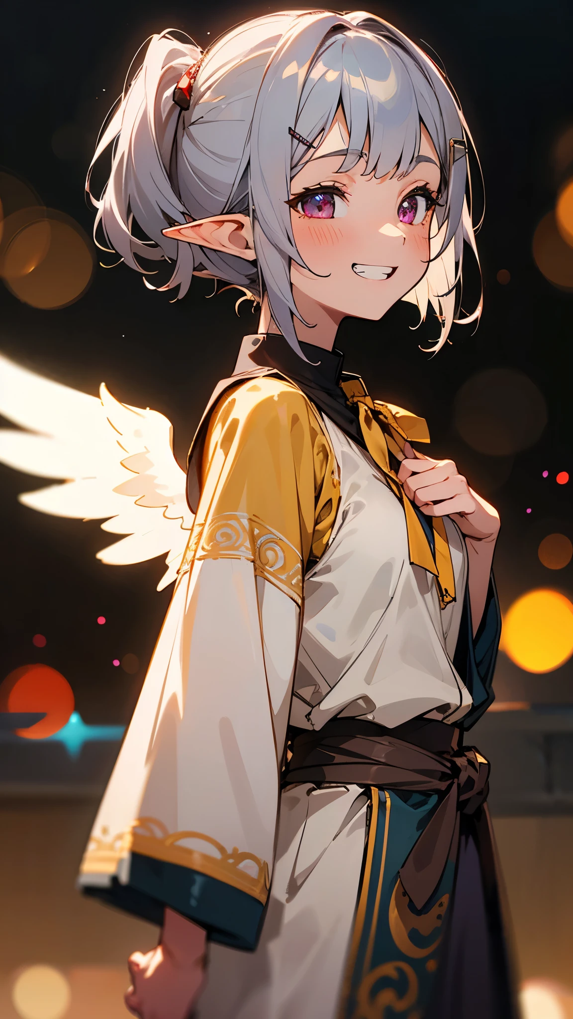 1 girl、8k、Sharp focus、(Bokeh) (highest quality) (Detailed skin:1.3) (Intricate details) (anime)、Small breasts、Angelic Face, Goblins, Elf ear hair, Silver hair and short bob hairstyle、Tie your hair up with a hair clip、Glowing pink round eyes, cute, Yellow peasant tunic, Medieval, Medieval city background, Bust from the neck up, Grin、From the side