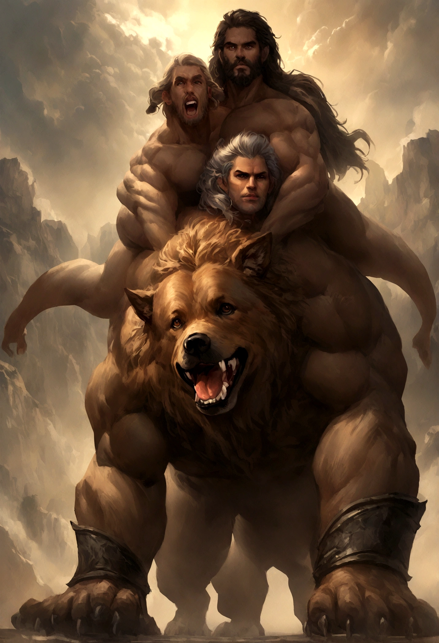 hercules facing a three-headed monster dog in realistic style, tom misterioso, cores fria e cinematico