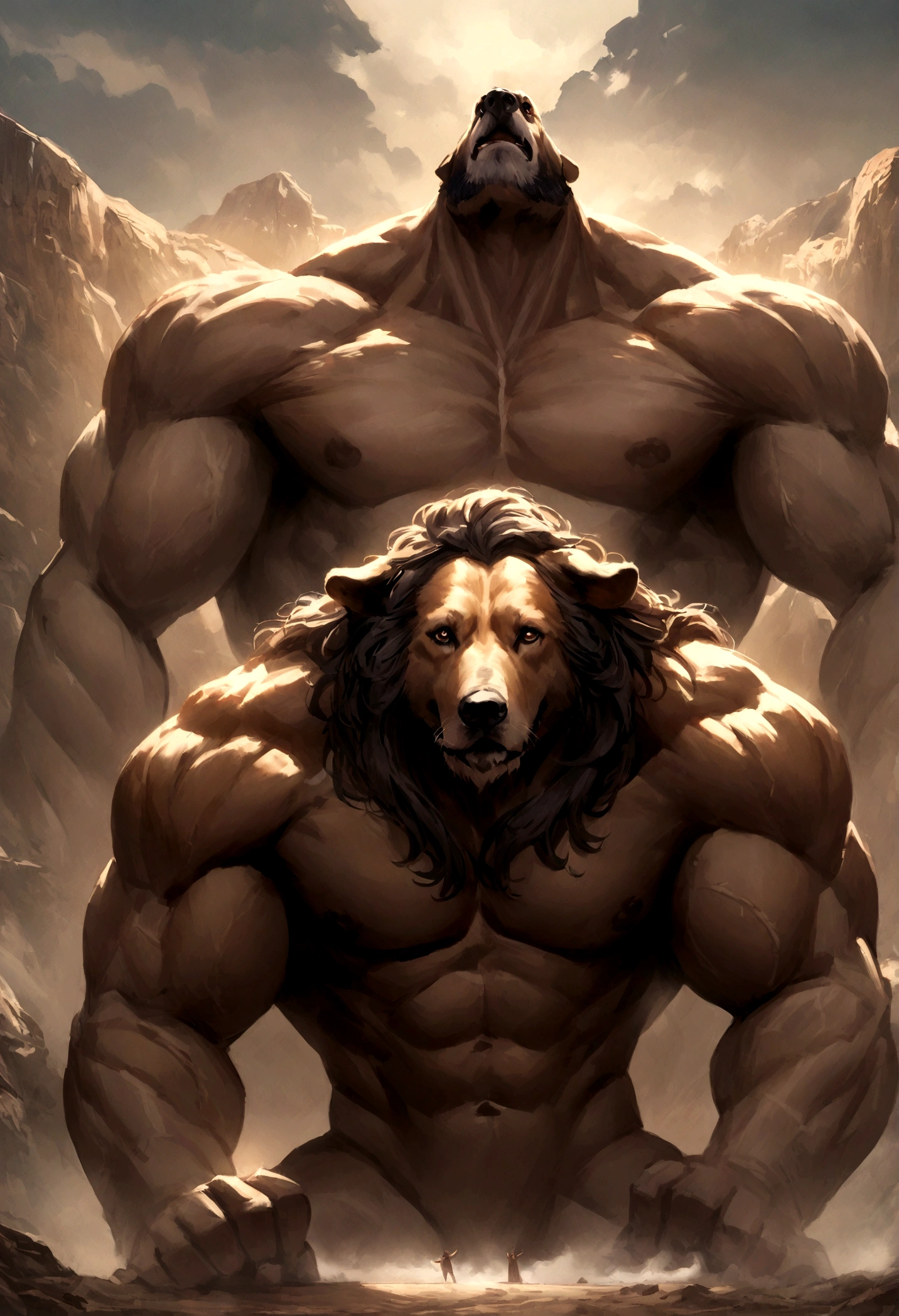 hercules facing a three-headed monster dog in realistic style, tom misterioso, cores fria e cinematico