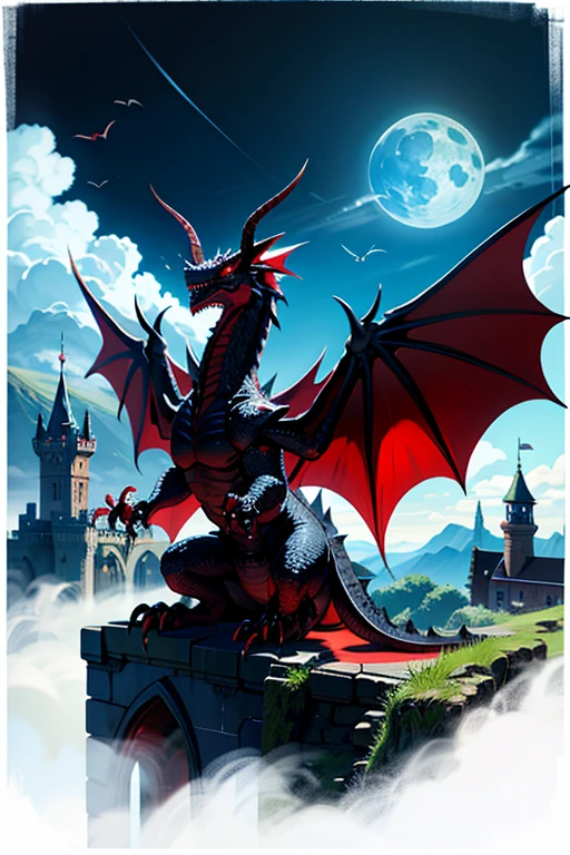 bat dragon, black dragon, red eyed dragon, dragon with huge bat wings, dragon spreading its wings standing on a castle, dark clouds background ruined castle, (small body dragon two giant wings two legs tail horns