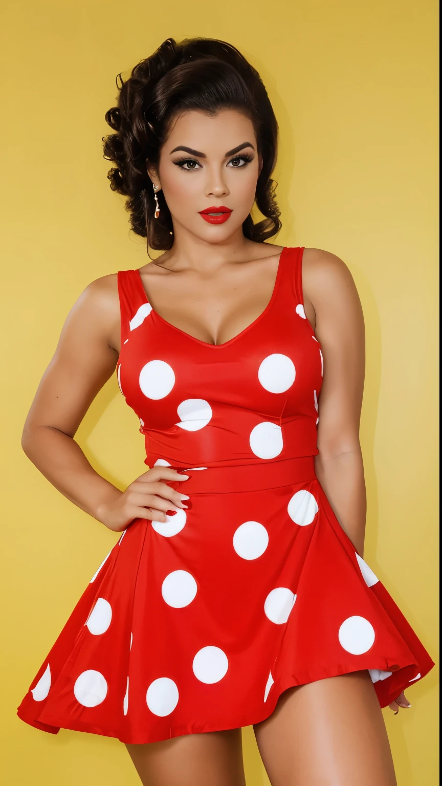 Full length photo of a girl, realistically depicting a dark tan beautiful tan, sexy Brazilian woman Bianca A. Santos Brazil and emotional. She has highlighted red curly hair, creating a mysterious and sexy image. Model dressed in pin-up style with curly hair styled "victory rolls" hair and curly bangs. Her plump red lips make her look sexy. She has average breast size. She portrays an American housewife, posing in various sexual positions. Against a white background, she appears in a red retro dress with large polka dots with a fluffy, voluminous ballerina skirt. She has a red bandana on her head, and on her feet there are red stockings. The photo is made in pin-up style, emphasizing the retro-USA vibe. blowing a kiss lips bow sexy lips kiss