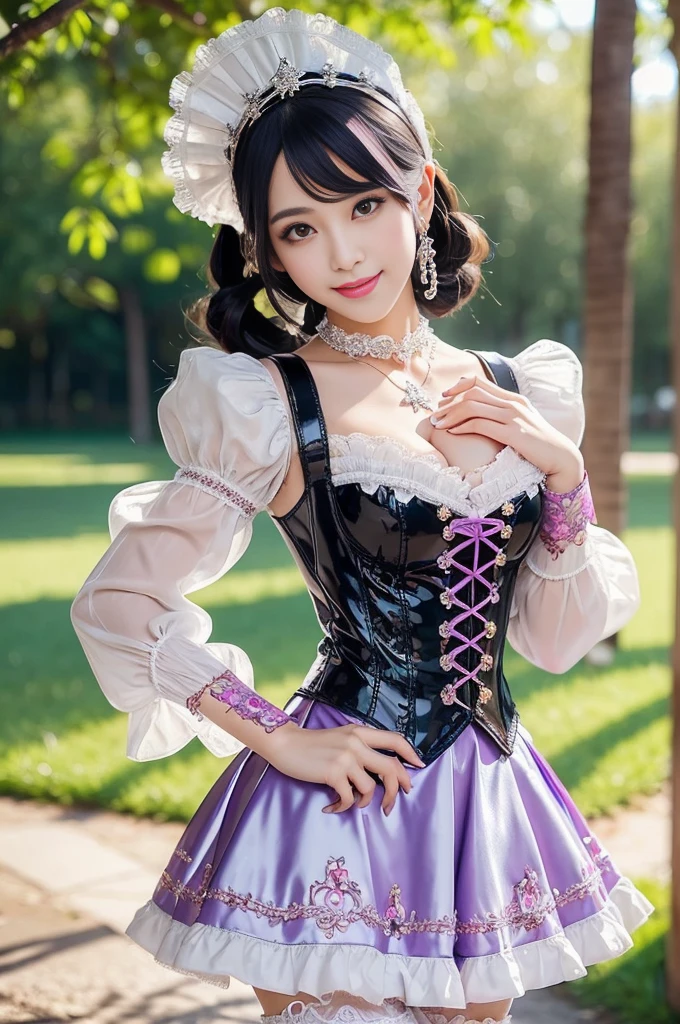 (nsfw), sexy stylish Thai model, only 1 female, ((doll-like appearance)), short lilac stylish hair, ((shiny Victorian-Style boots)), (big smile), ultra detailed eyes, vivid eye makeup, lipgloss, long lashes, defined eyebrows, ((sexy Paradise Kiss cosplay)), bell-shaped skirt, petticoats, high neckline, puffed sleeves, ((ultra detailed lace)), ((ultra detailed embroidery)), intricate details, Paradise Kiss accessoires and matching headpiece, choker, ((large sparkling Paradise Kiss jewelry)), cinematic light, detailed large park background with trees