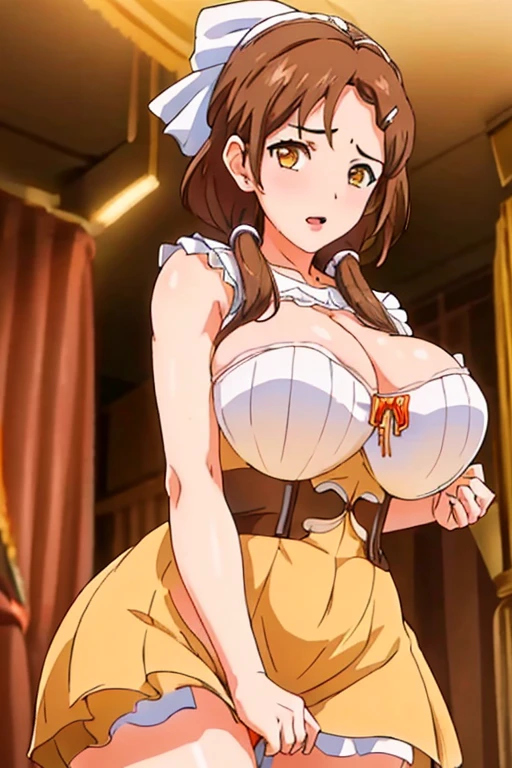 Bare Legs, Brown_hair,Brown_Eye,hair_decorate,hairclip,Side Mao Insult, Single Braid, 1 girl, 20 years,Young women,(((Large Breasts)))Breast sagging、Low-cut(((Cleavage )))、(((Wide hips,)))(((Hourglass figure)))((Long legs)),Fair Finger,Fair long legs,Fair body,Fair Nose,Fair character design, perfect Eye, perfect Face,expressive Eye, looking at the audience, In the center of the image,(Light_Smile:0.5), Official Art,Extremely detailed CG unified 8K wallpaper, perfect Lighting,rich and colorful, bright_front_Face_灯Light,有Light泽的皮肤, (masterpiece:1.0),(the best_quality:1.0), Ultra-high resolution,4k,Super detailed, photography, 8K, HDR, high resolution, absurd:1.2, Kodak Portrait 400, Film Grain, Blurred background, Bokeh:1.2, 镜头Light晕, (Full of energy_color:1.2) (Fair,Big goals_Chest:1.0), (Fair_Face:1.5),(narrow_waist), underwear, Lace