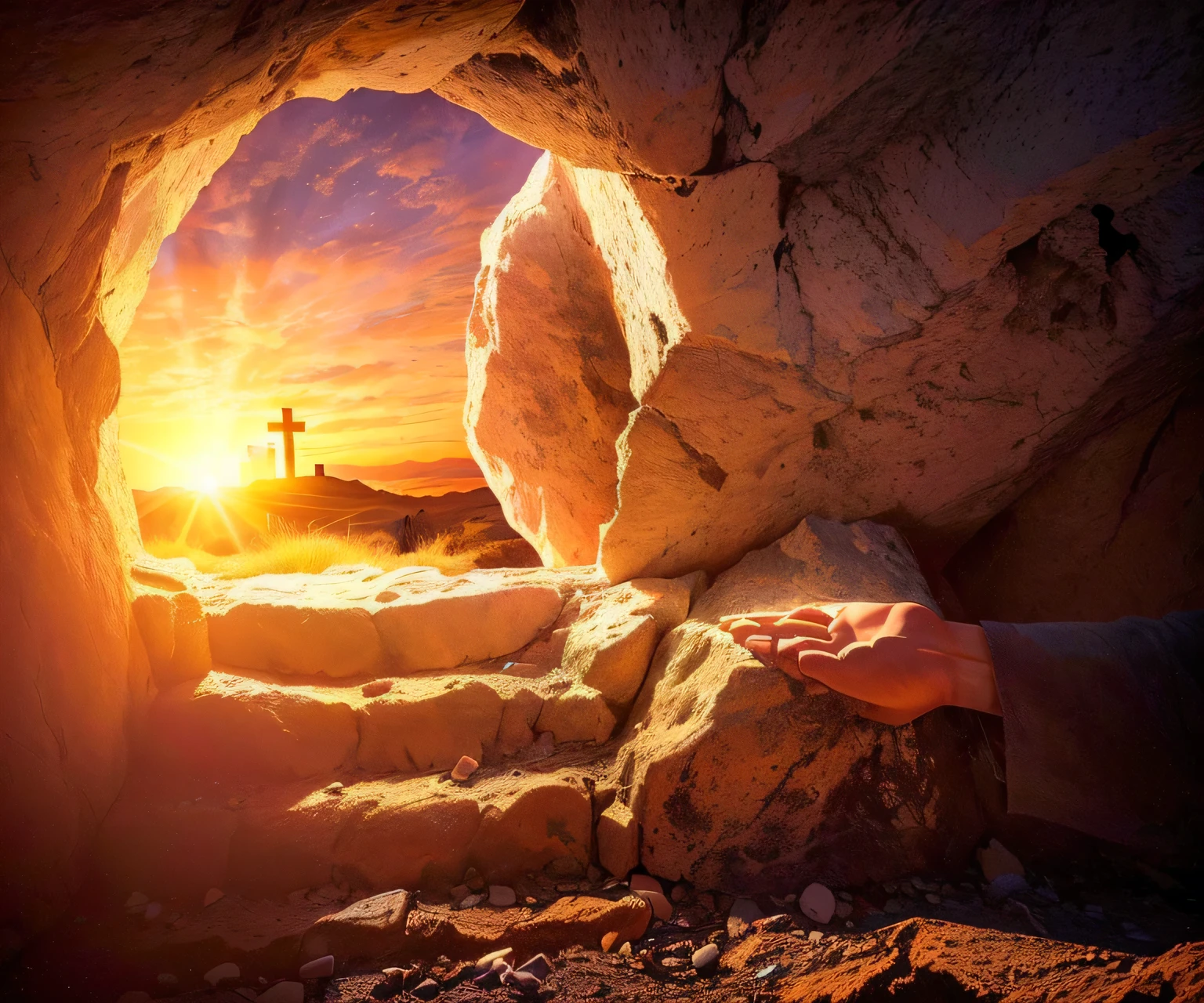 a close up of a person's hand reaching out of a cave, easter, inside a tomb, inside the tomb of jesus, holy light, 2 0 2 2 photo, tomb, inside the sepulchre, the lord and savior, tim hildebrant, by Alexander Fedosav, jesus christ, glorious light, very beautiful masterpiece, intense sunlight
