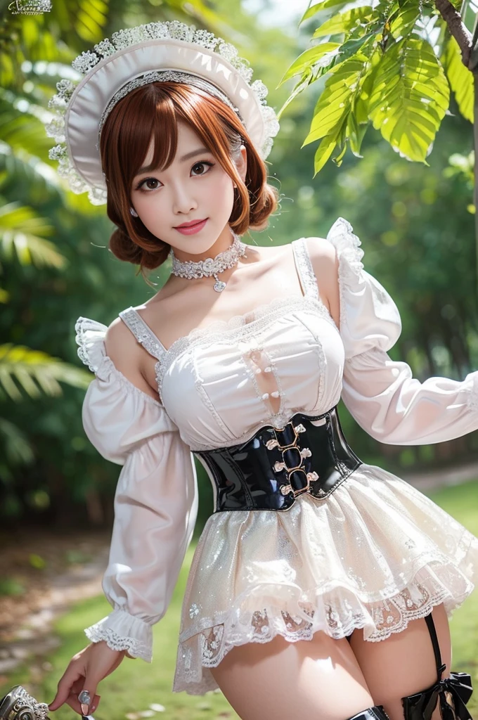 (nsfw), sexy stylish Thai model, only 1 female, ((doll-like appearance)), short Auburn stylish hair, ((shiny Victorian-Style boots)), (big smile), ultra detailed eyes, vivid eye makeup, lipgloss, long lashes, defined eyebrows, ((sexy Paradise Kiss cosplay)), bell-shaped skirt, petticoats, high neckline, puffed sleeves, ((ultra detailed lace)), ((ultra detailed embroidery)), intricate details, Paradise Kiss accessoires and matching headpiece, choker, ((large sparkling Paradise Kiss jewelry)), cinematic light, detailed large park background with trees
