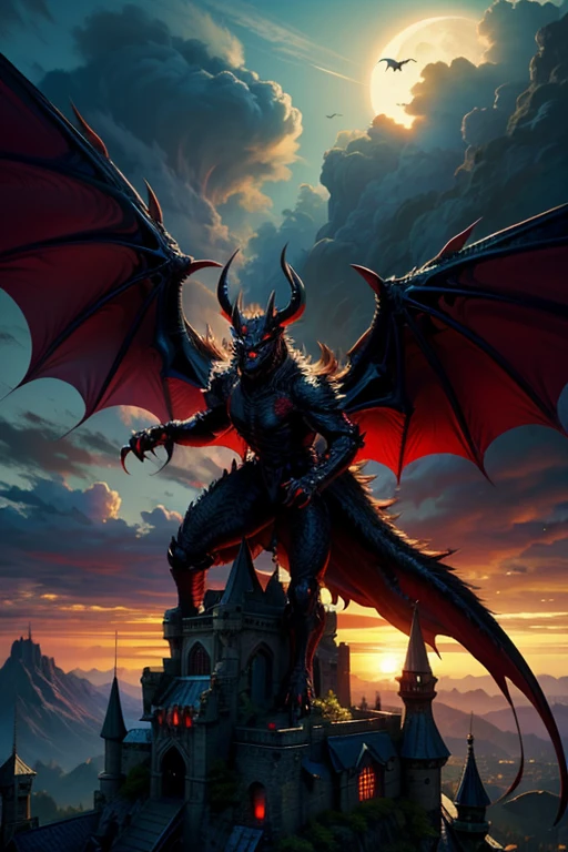 bat dragon, black dragon, red eyed dragon, dragon with huge bat wings, dragon spreading its wings standing on a castle, dark clouds background ruined castle, ((dragon bat body flying two giant wings two legs tail horns))