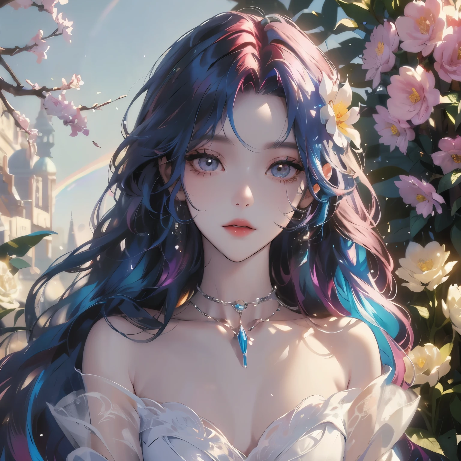 (Woman with iridescent hair),(rainbow hair), (Colorful hair),Medium chest,(colourful hair), Colorful, (krystal),shiny, Soft light, Radiant hair, Stunning iridescent hair and seductive eyes,A detailed face,A detailed eye,The style of watercolor painting is、Infuse your artwork with dreamy quality, Dancing with a mixture of colors,
The girl's hair boasts a rainbow spectrum, Each hue seamlessly flows into the next,Detailed face, Detailed eyes, Simple white dress, crystal flower, Around the flower, Glass of flowers