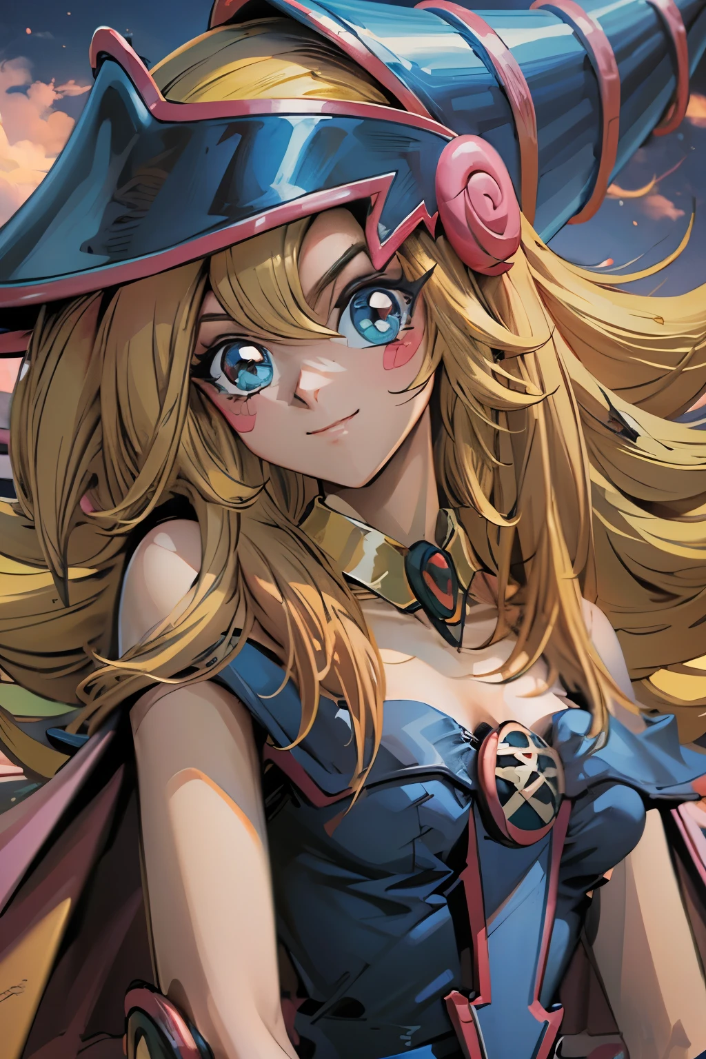 Hermoso rostro de dark magician gils, ojos azules. Labios rosados. Cabello rubio y largo. Ombros descubiertos, sonrisa angelical, hermoso rostro bien detallados de dark magician gils.