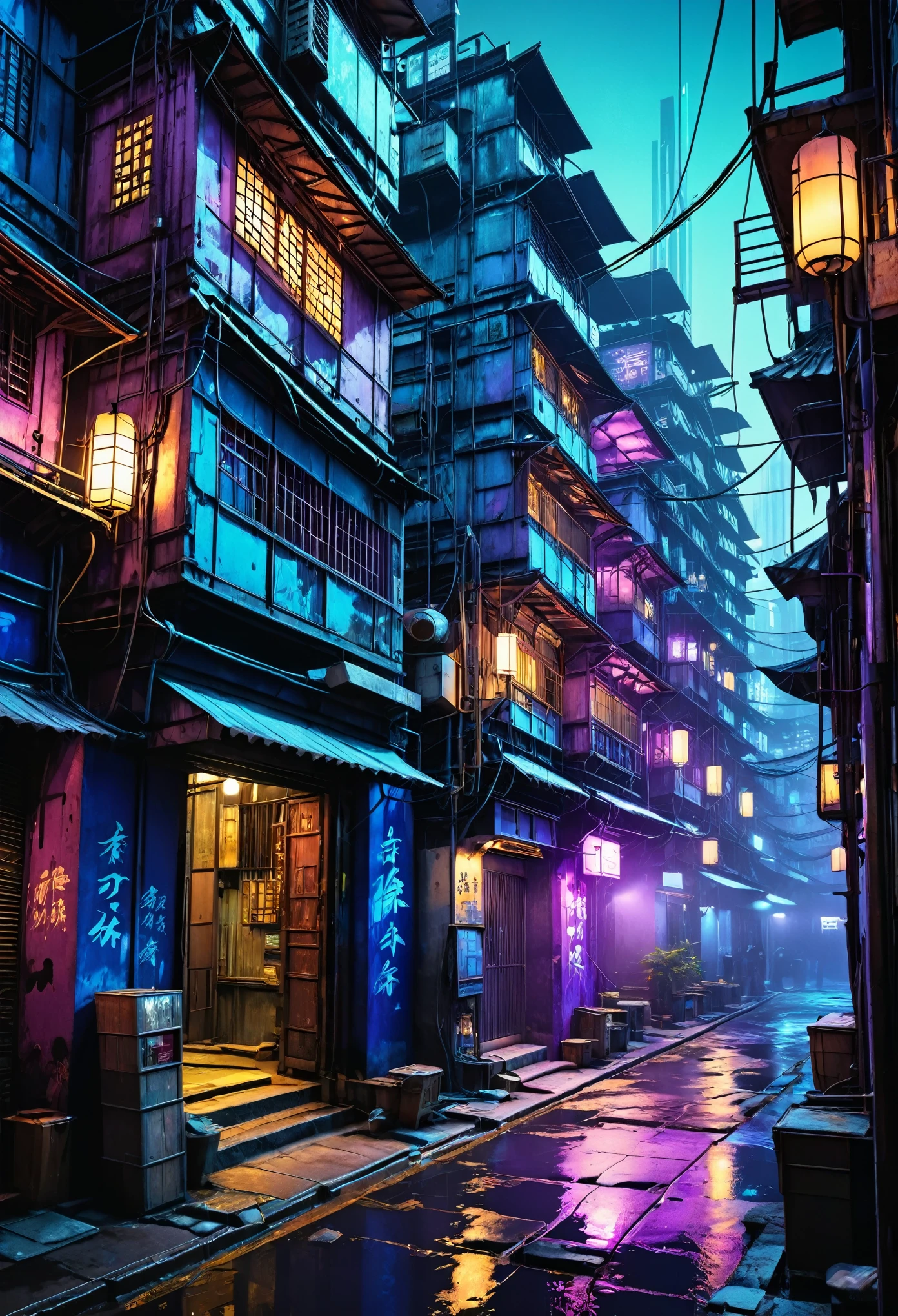 masterpiece, best quality, (4k,8k,highres,ultra-detailed,realistic,photorealistic:1.37), Kowloon walled city, clear painting style, color theory, blue purple tones, grunge, cityscape, detailed architecture, intricate alleyways, neon lights, moody atmosphere, cyberpunk, cinematic lighting, dramatic shadows