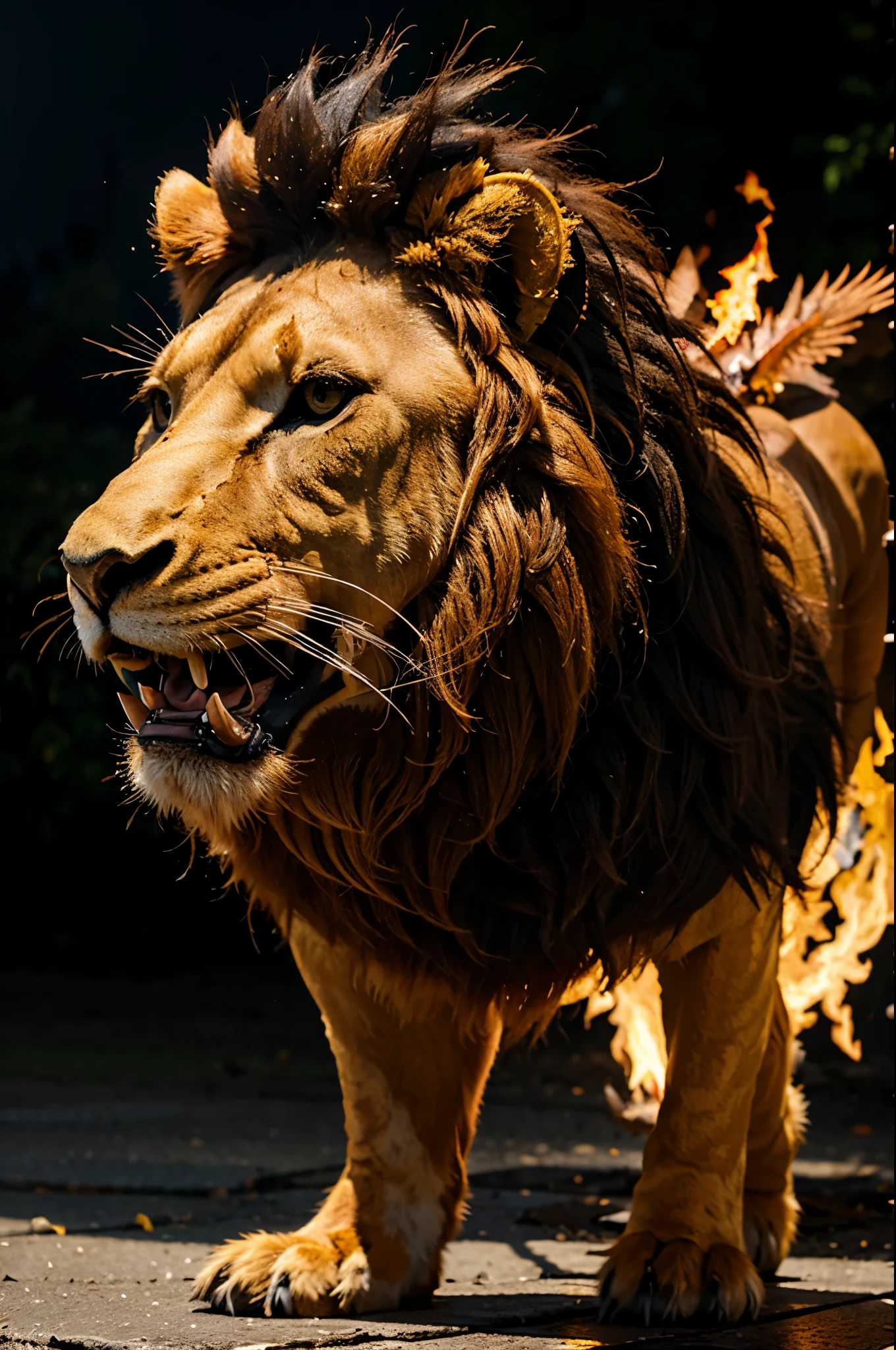 A fire lion with flaming wings and a fire horn on its forehead Pokémon style.